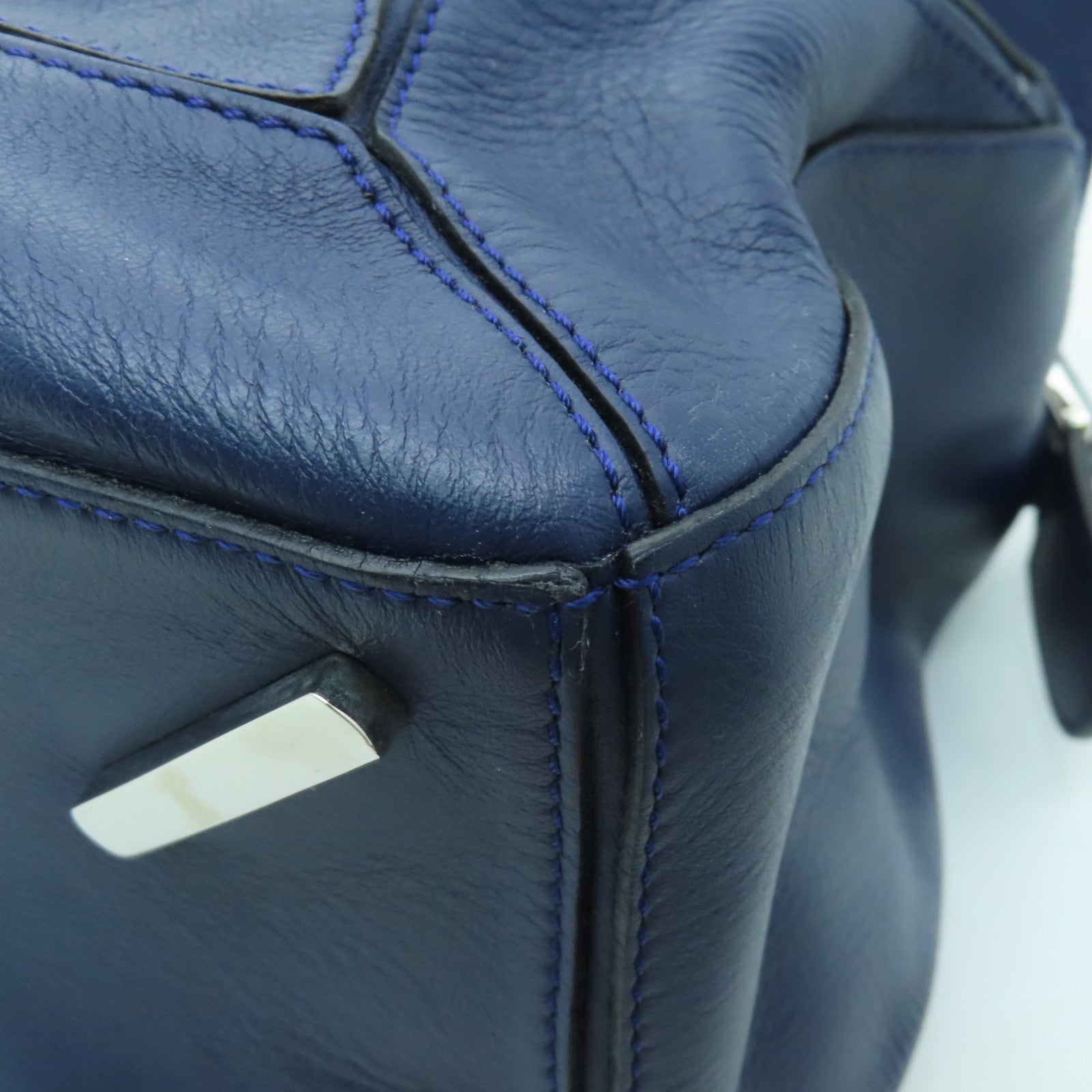 LOEWE Cowhide Leather Puzzle Large Silver Buckle Handle Shoulder Backpack Dark Blue