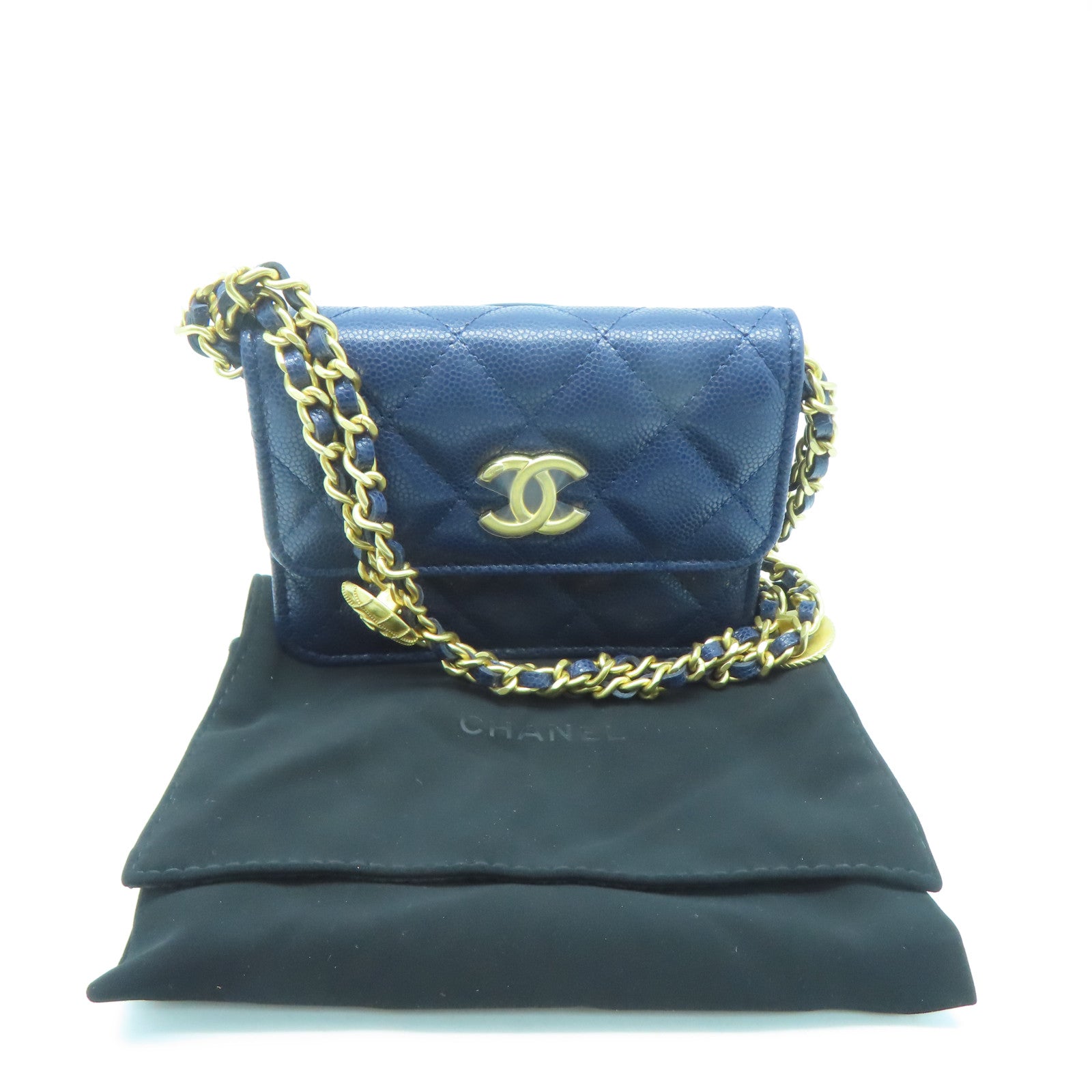 CHANEL 菱格Caviar皮革Chain Shoulder Bag金扣链带肩背袋蓝色