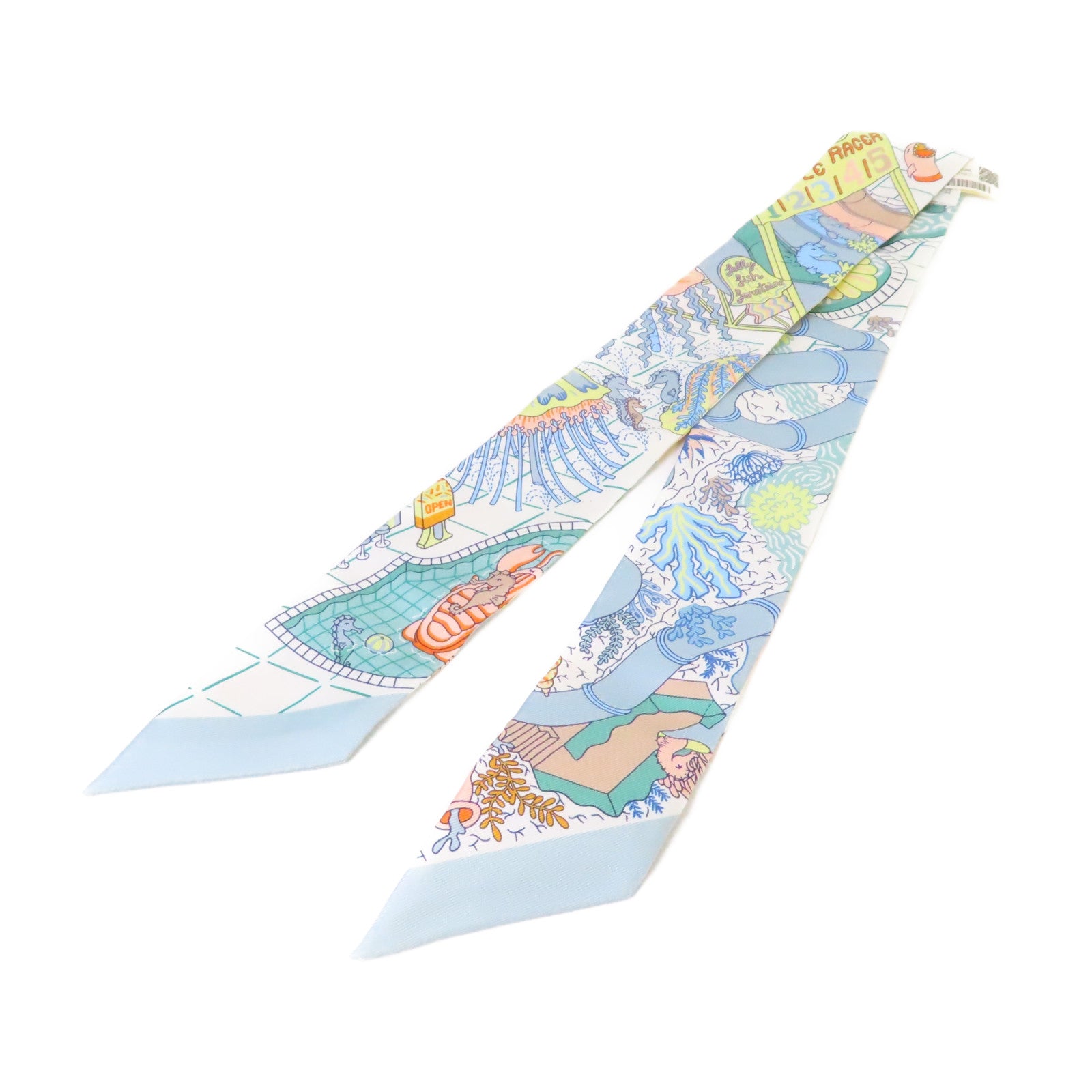 HERMES 絲質Twilly Scarf絲巾淺藍色/白色/淺黃色/彩色