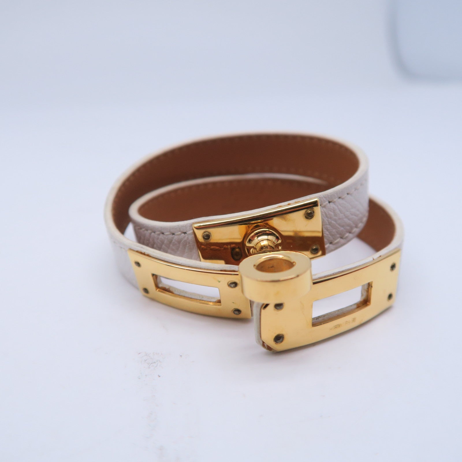 HERMES Epsom皮革Kelly Double Tour金扣手鐲白色