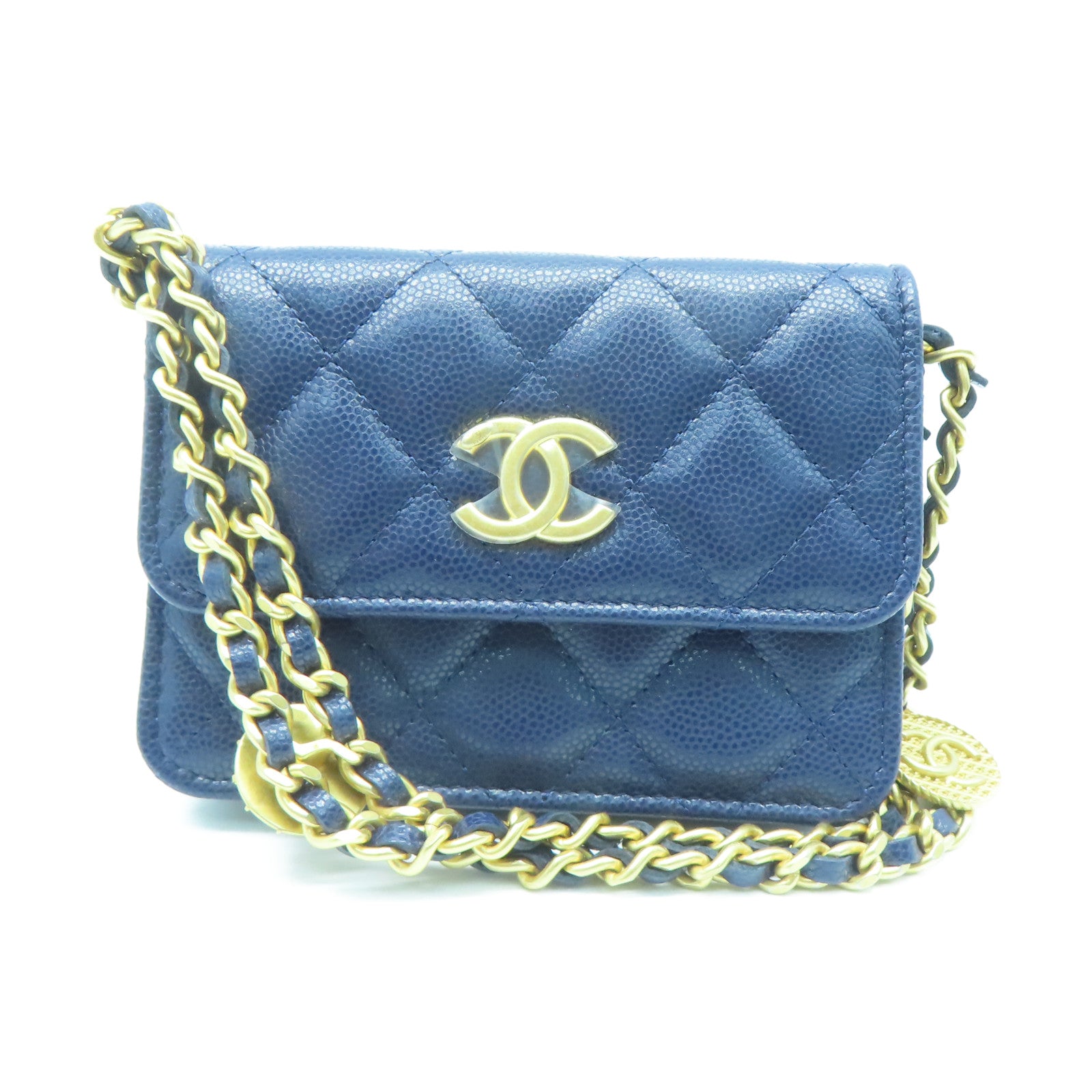 CHANEL 菱格Caviar皮革Chain Shoulder Bag金扣链带肩背袋蓝色