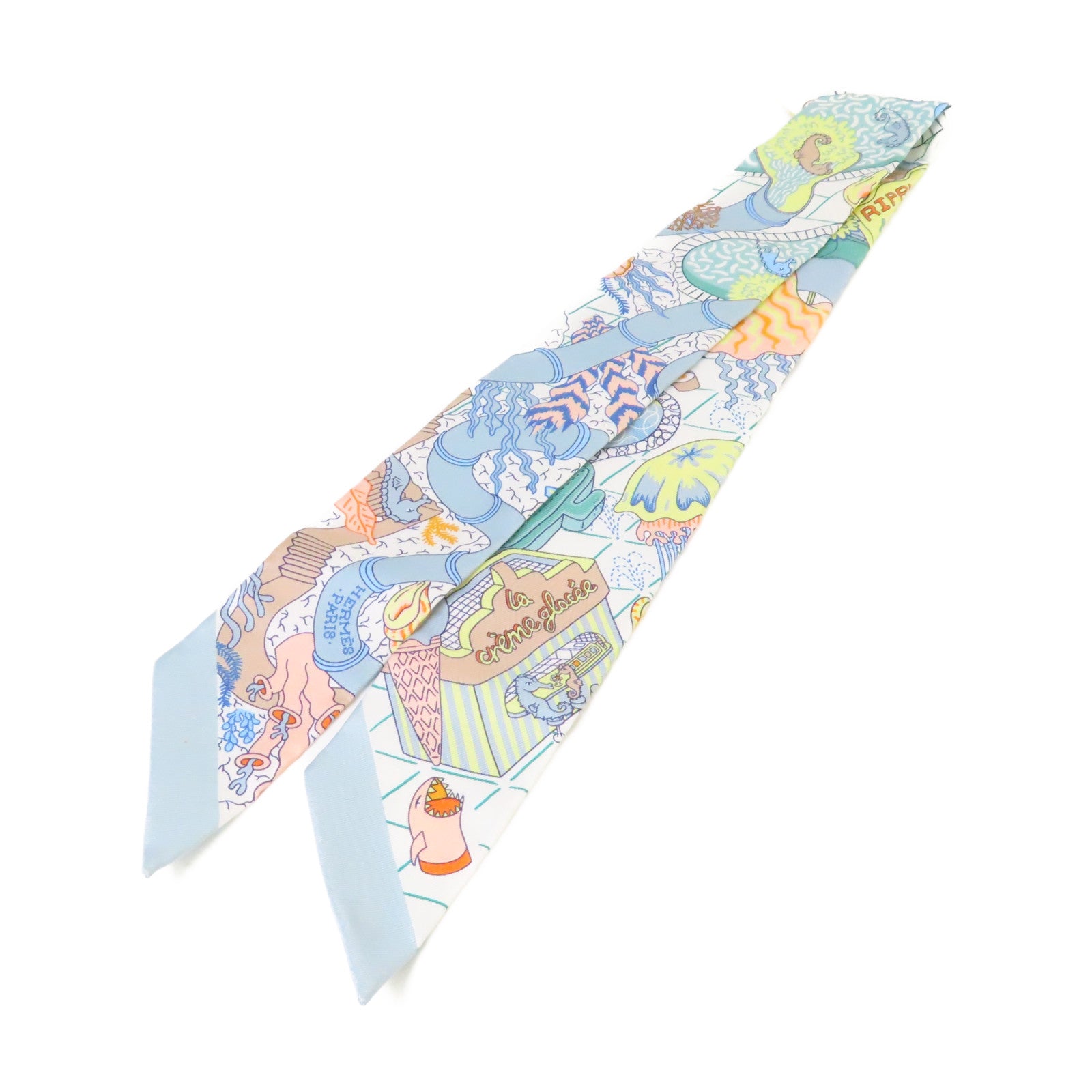 HERMES 絲質Twilly Scarf絲巾淺藍色/白色/淺黃色/彩色