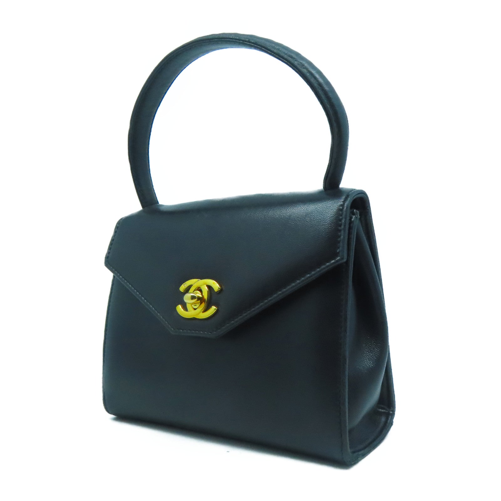 CHANEL 羊皮皮革Handbag金扣手挽袋黑色