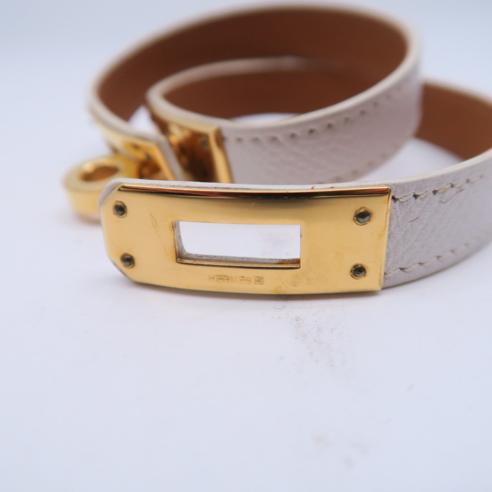 HERMES Epsom皮革Kelly Double Tour金扣手鐲白色