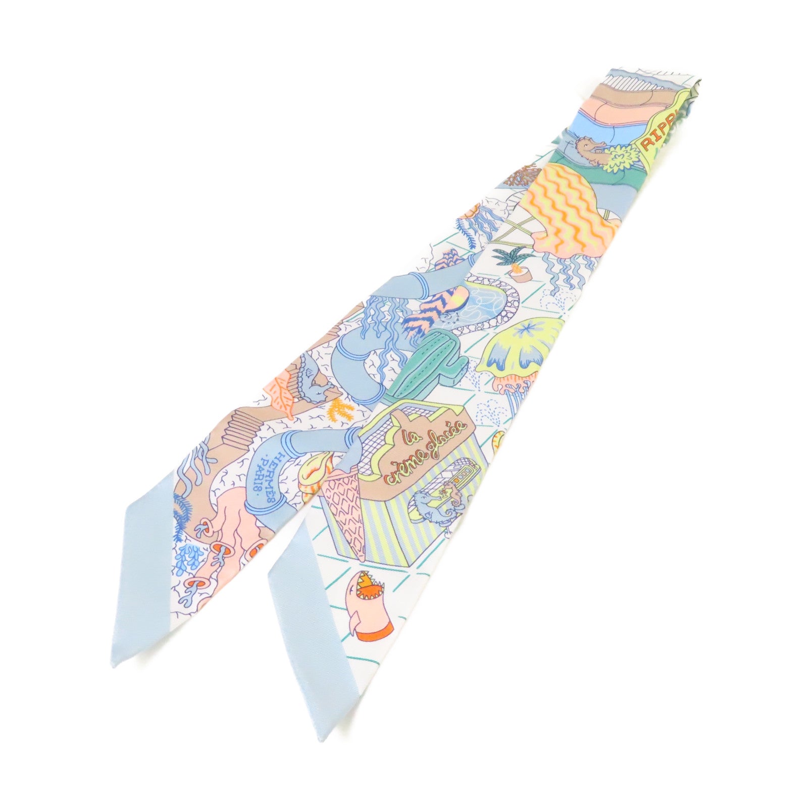 HERMES 絲質Twilly Scarf絲巾淺藍色/白色/淺黃色/彩色