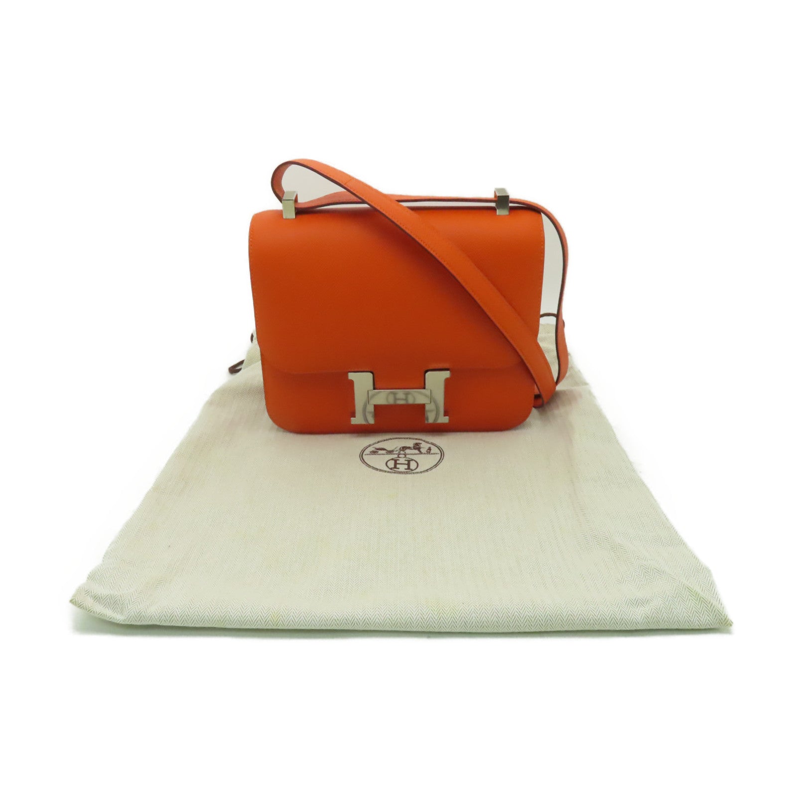 HERMES Epsom皮革Constance 24銀扣肩背袋Feu橙色