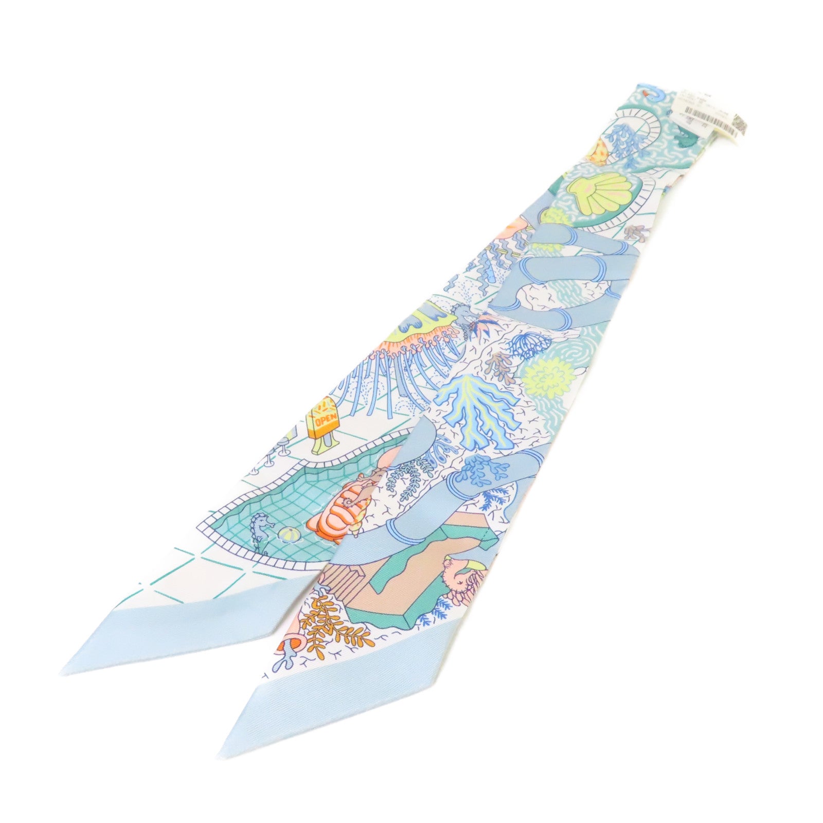 HERMES 絲質Twilly Scarf絲巾淺藍色/白色/淺黃色/彩色