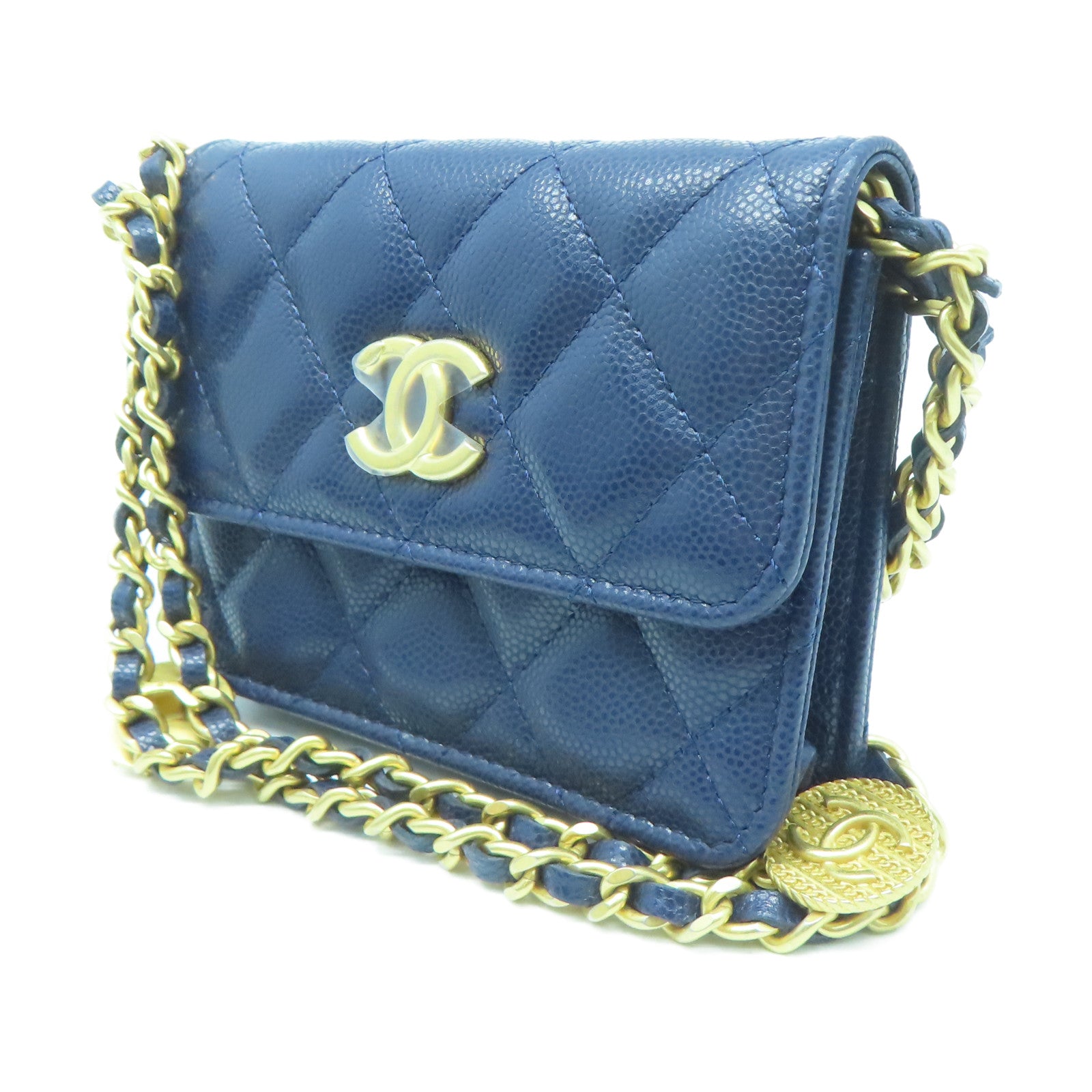 CHANEL 菱格Caviar皮革Chain Shoulder Bag金扣链带肩背袋蓝色