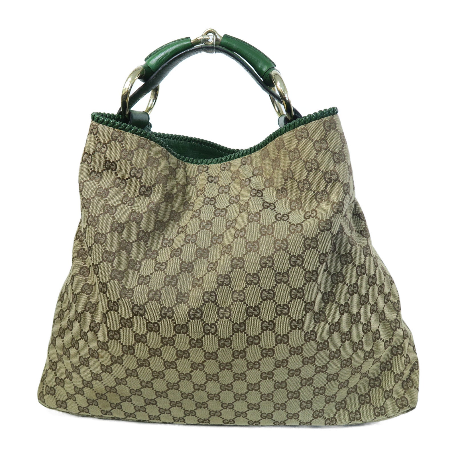 GUCCI 帆布Large Horsebit Hobo Bag金扣肩背袋啡色/綠色