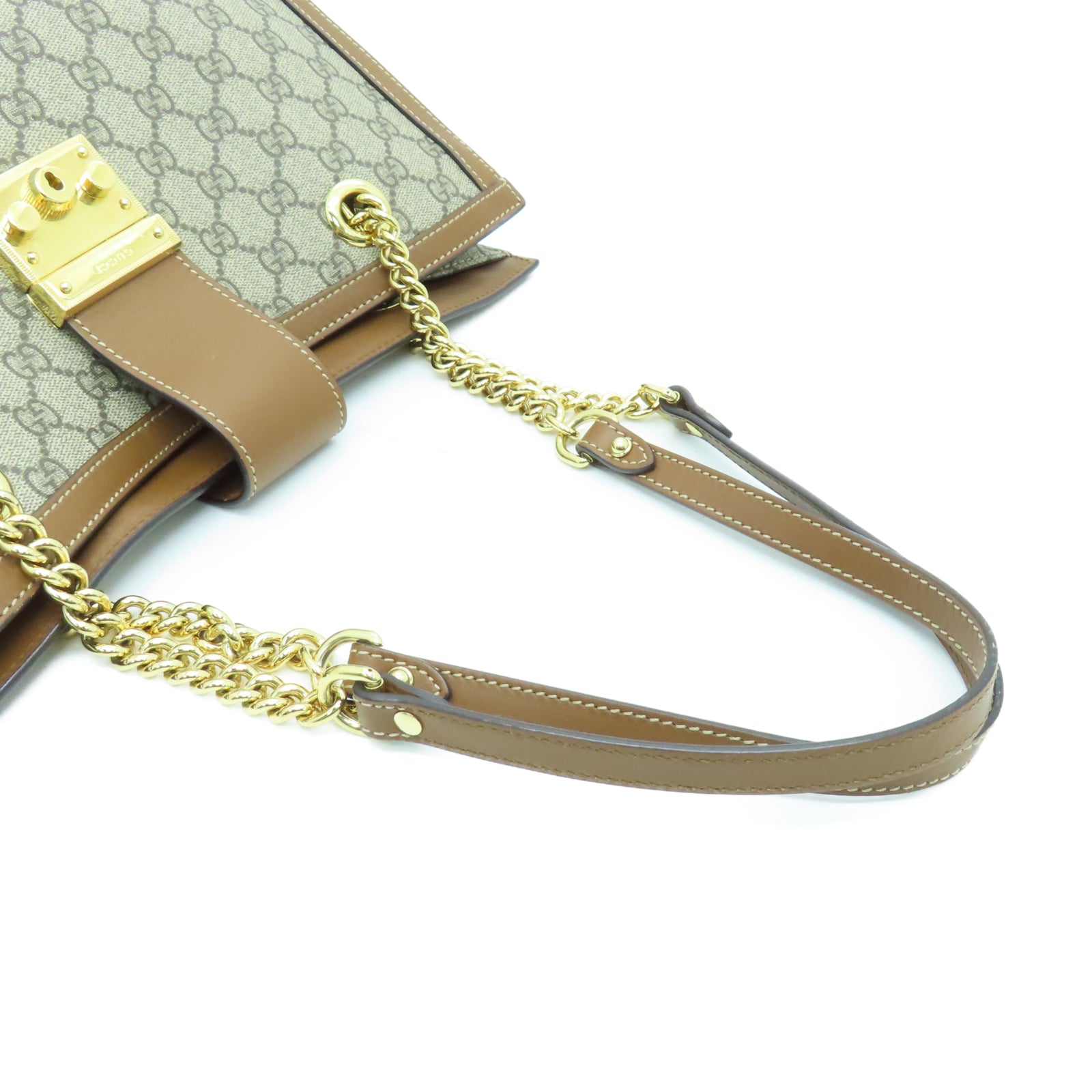 GUCCI PVC涂层帆布Chain Shoulder金扣链带肩背袋棕色