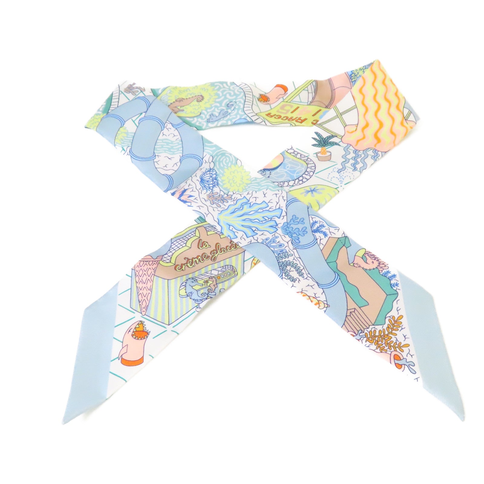 HERMES 絲質Twilly Scarf絲巾淺藍色/白色/淺黃色/彩色