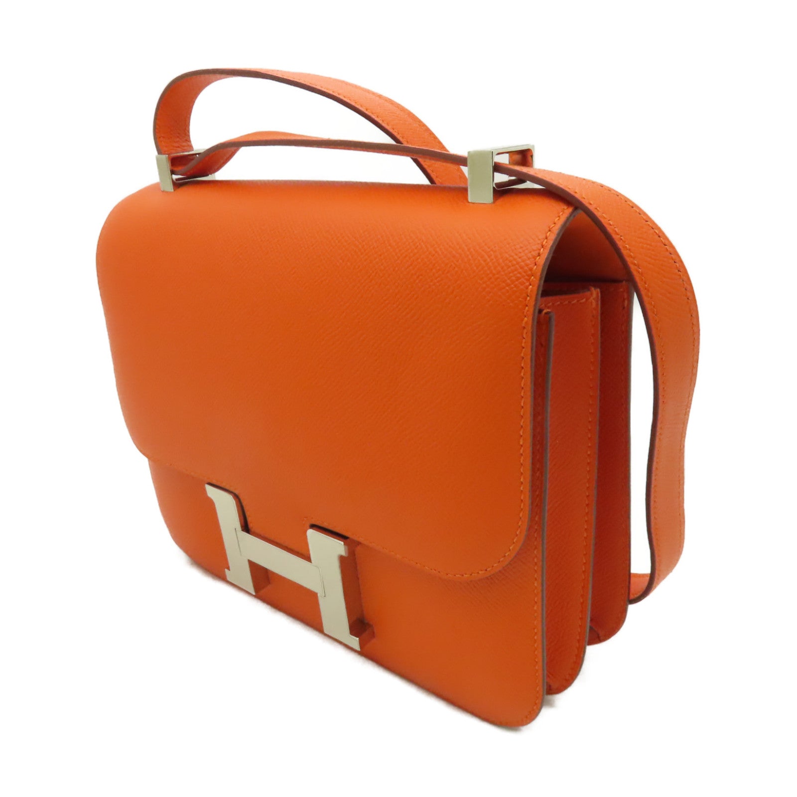 HERMES Epsom皮革Constance 24銀扣肩背袋Feu橙色