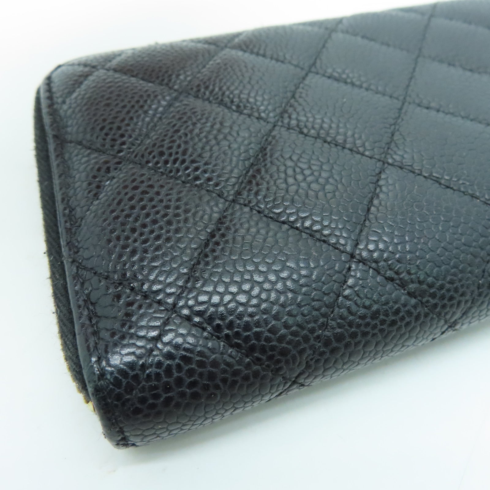 CHANEL Rhombus Caviar Leather Zipper Long Wallet Gold Buckle Long Wallet Black
