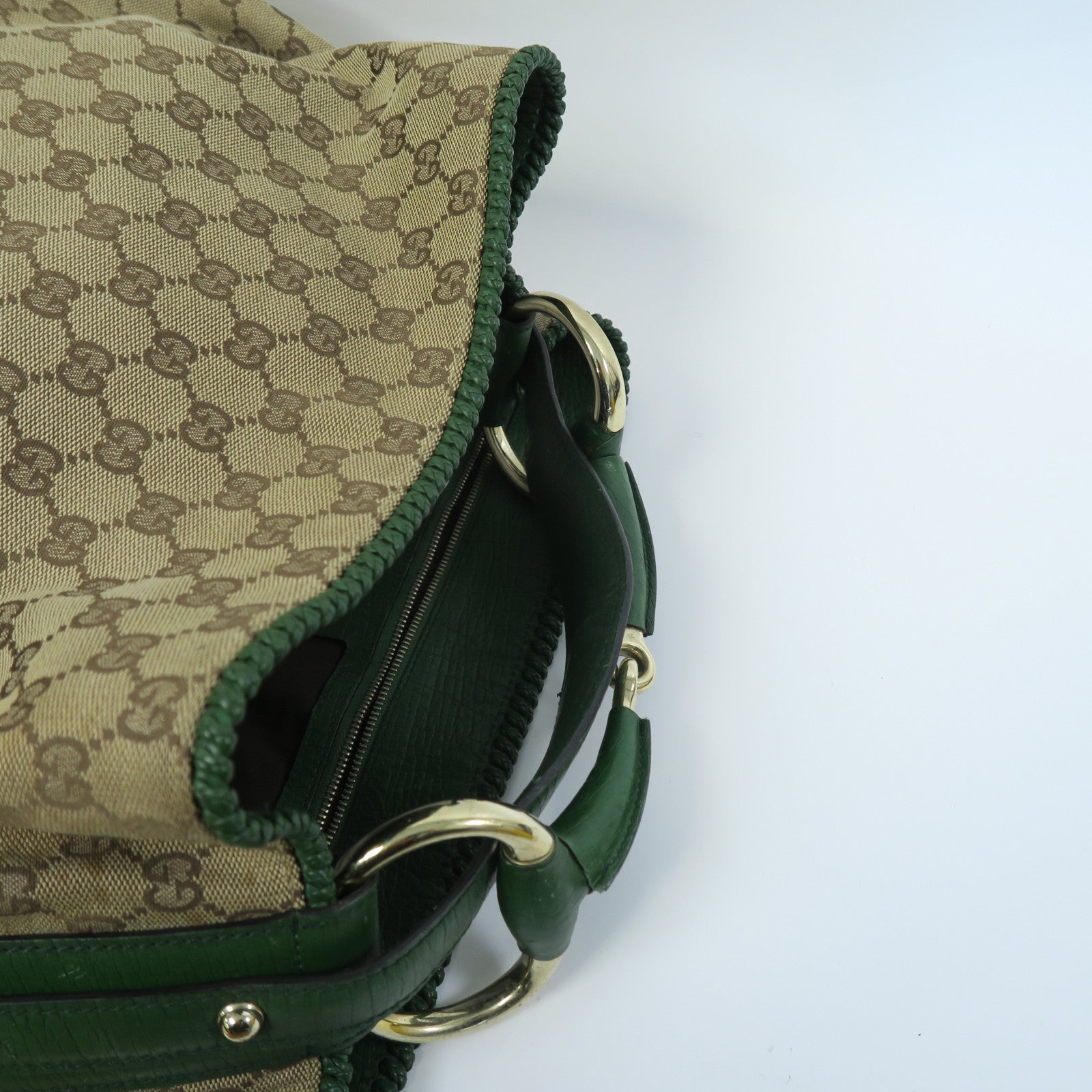 GUCCI 帆布Large Horsebit Hobo Bag金扣肩背袋啡色/綠色