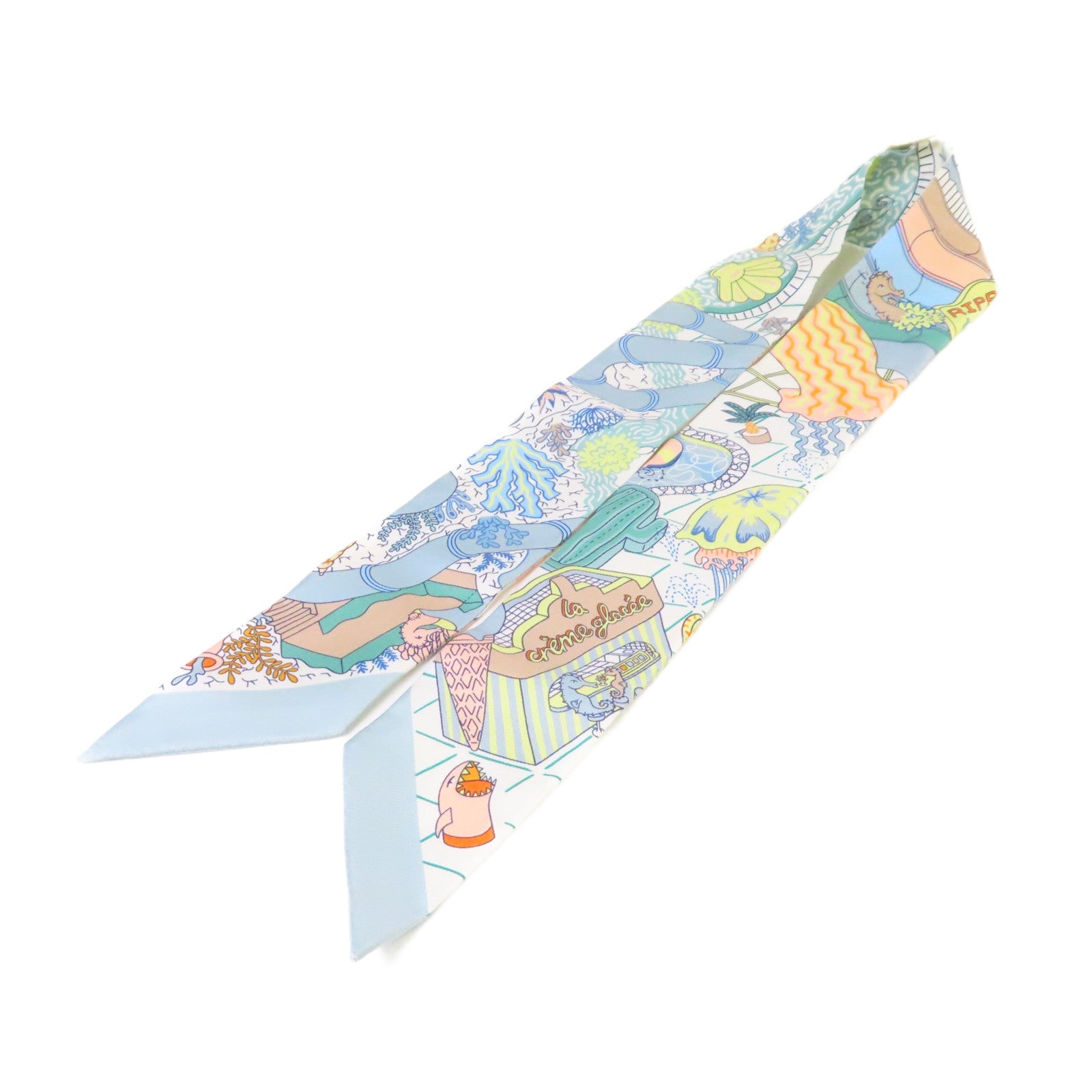 HERMES 絲質Twilly Scarf絲巾淺藍色/白色/淺黃色/彩色