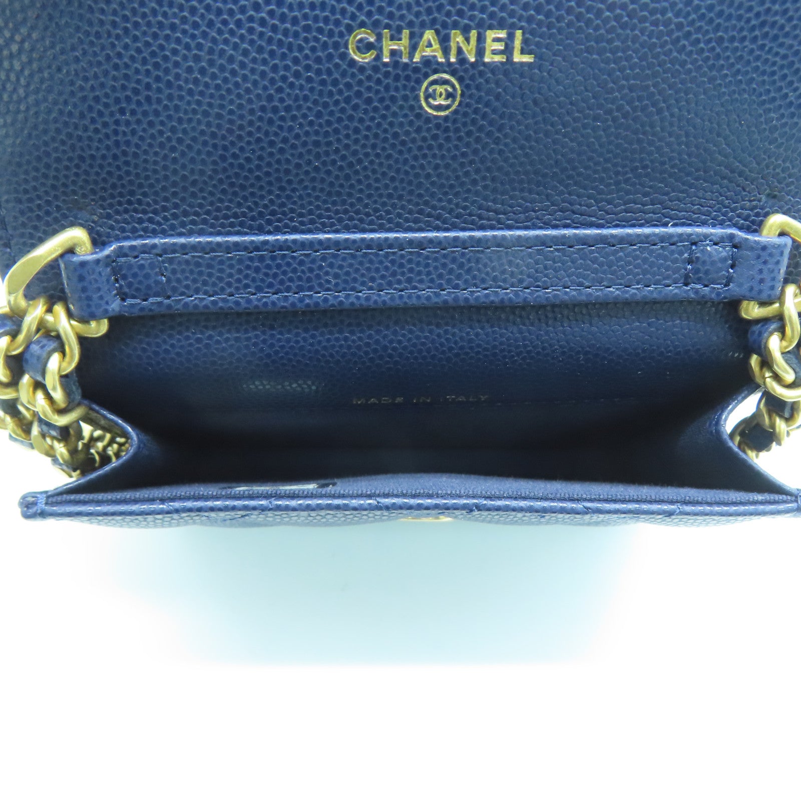 CHANEL 菱格Caviar皮革Chain Shoulder Bag金扣链带肩背袋蓝色