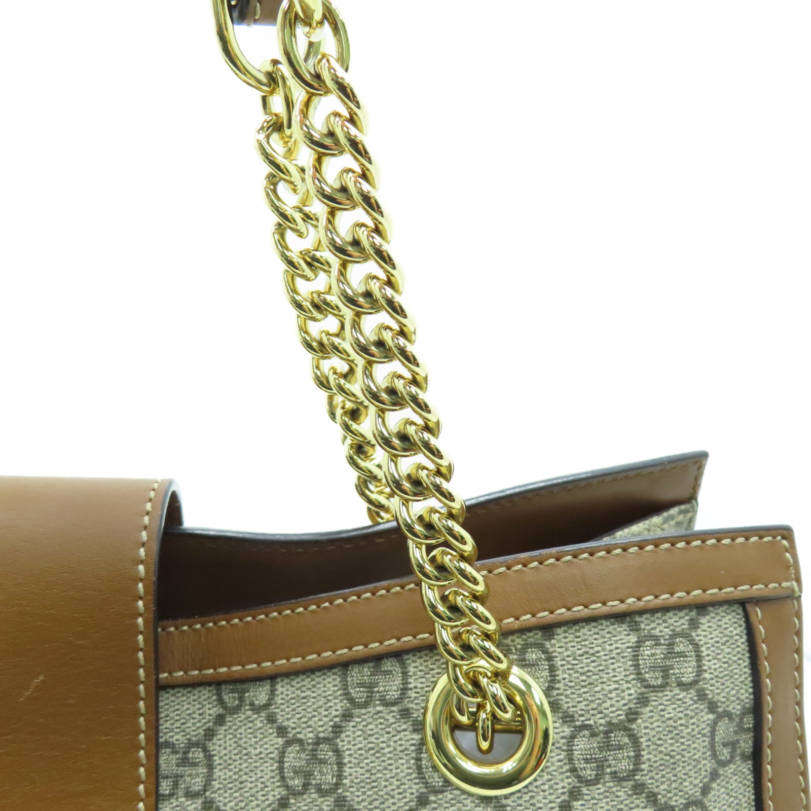 GUCCI PVC涂层帆布Chain Shoulder金扣链带肩背袋棕色