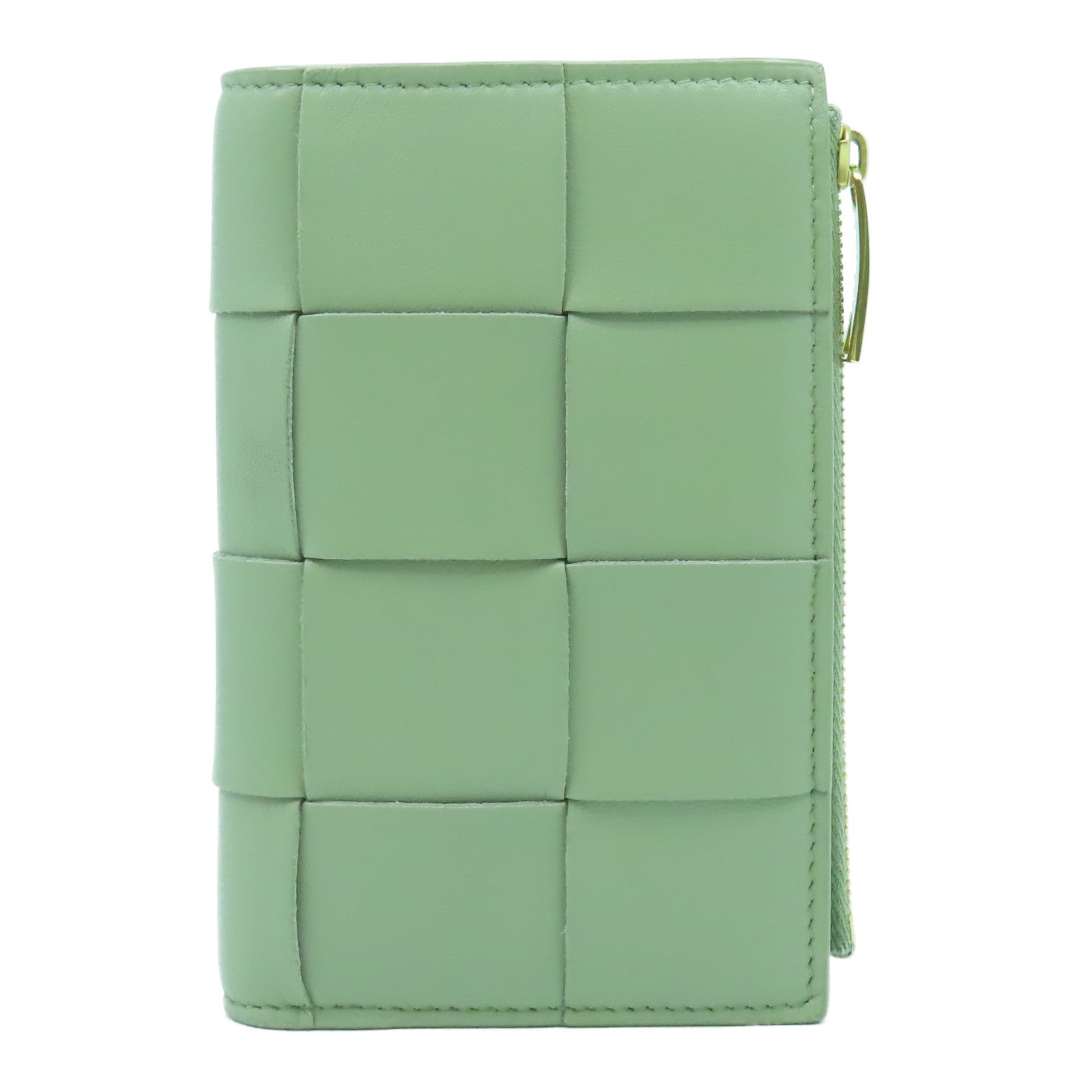 BOTTEGA VENETA 織紋羊皮皮革Medium Cassette Bi-Fold Zip Wallet金扣長錢包石灰綠色