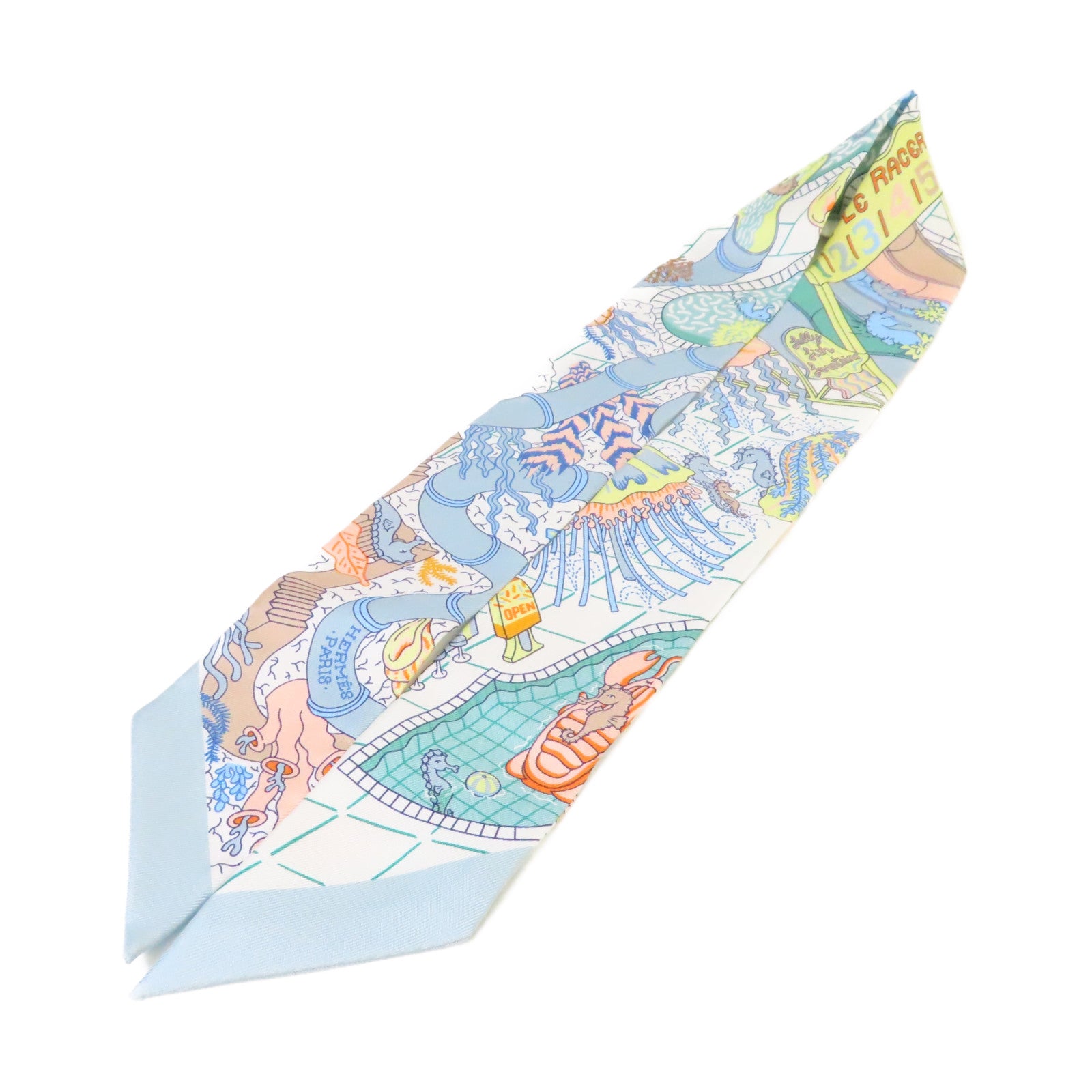 HERMES 絲質Twilly Scarf絲巾淺藍色/白色/淺黃色/彩色