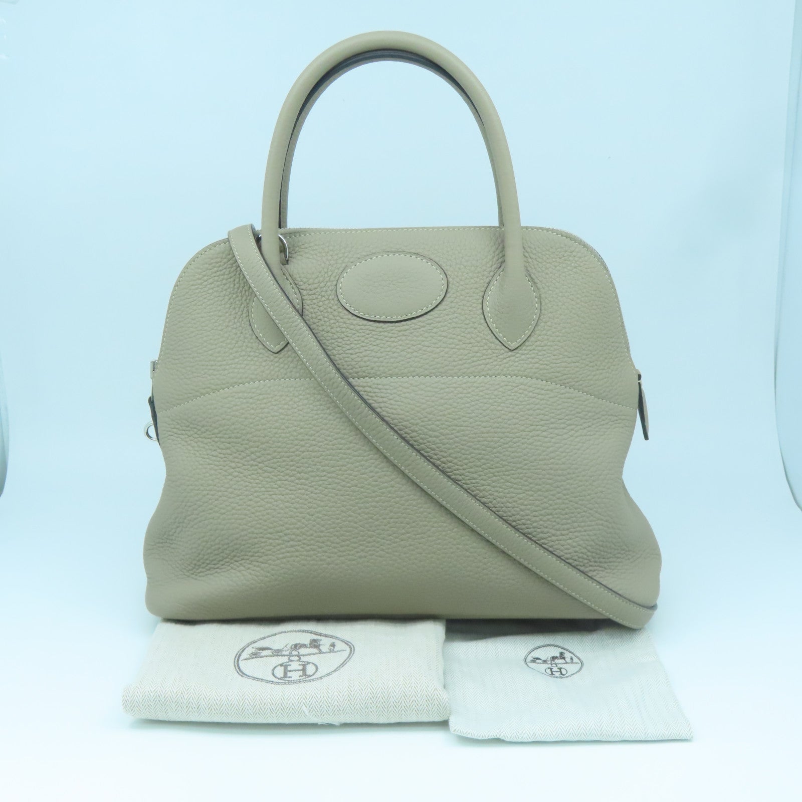 HERMES Clemence Leather Bolide 31 Silver Buckle Handle Shoulder Bag Turtledove Gray