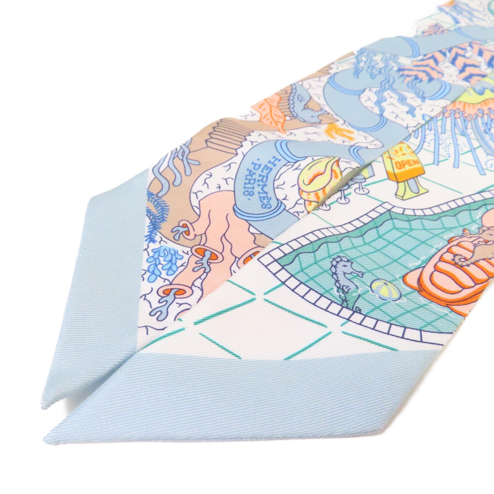 HERMES 絲質Twilly Scarf絲巾淺藍色/白色/淺黃色/彩色
