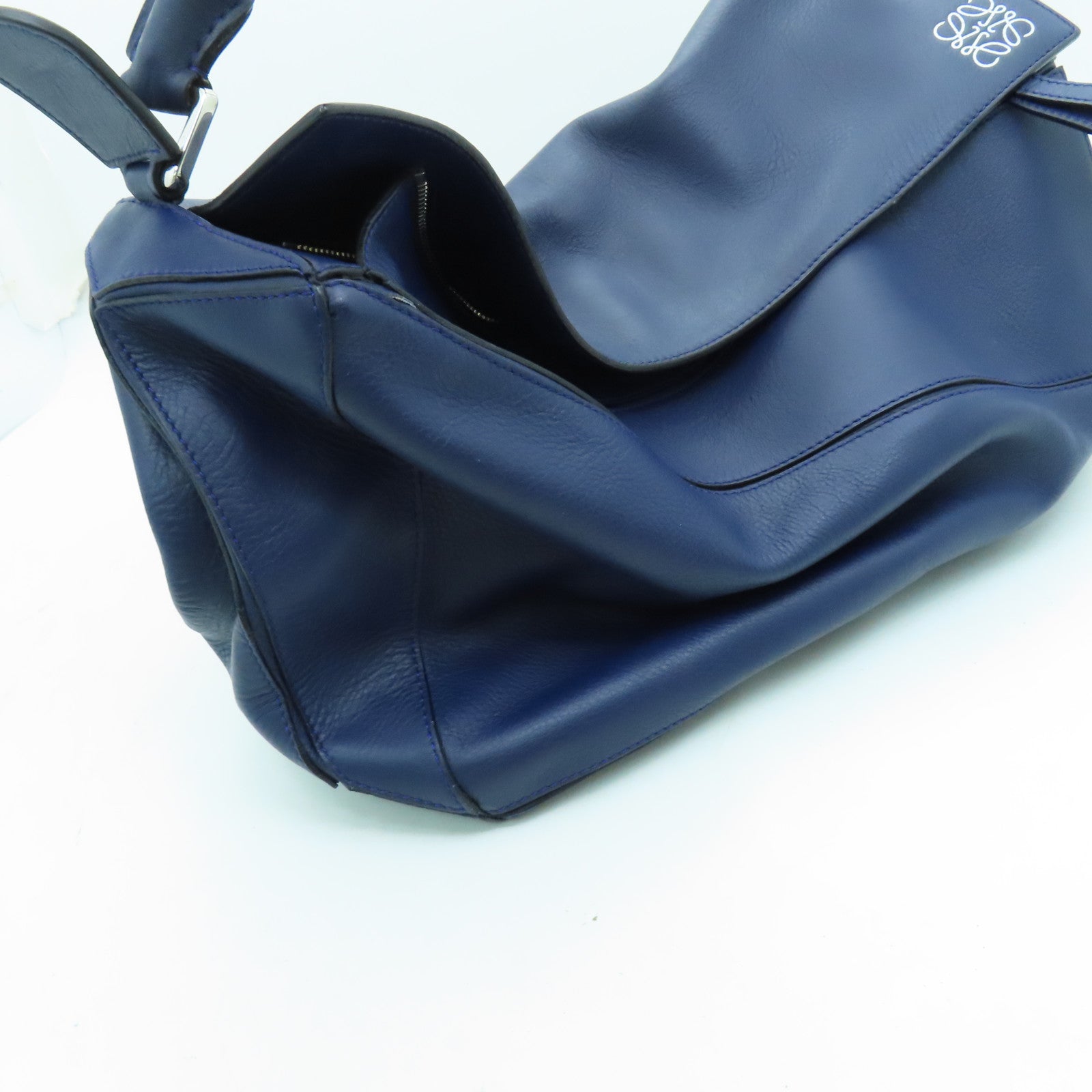 LOEWE Cowhide Leather Puzzle Large Silver Buckle Handle Shoulder Backpack Dark Blue