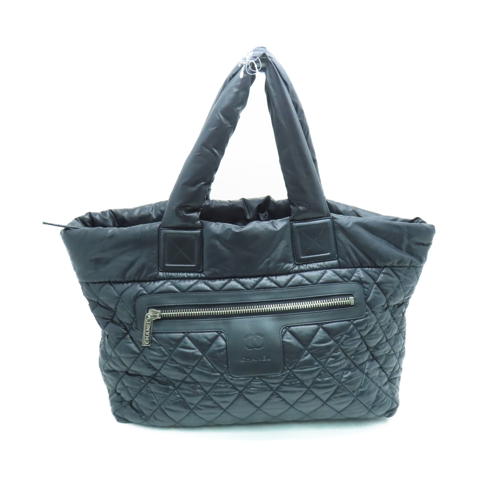 CHANEL 菱格尼龙Shoulder Tote银扣肩背袋黑色