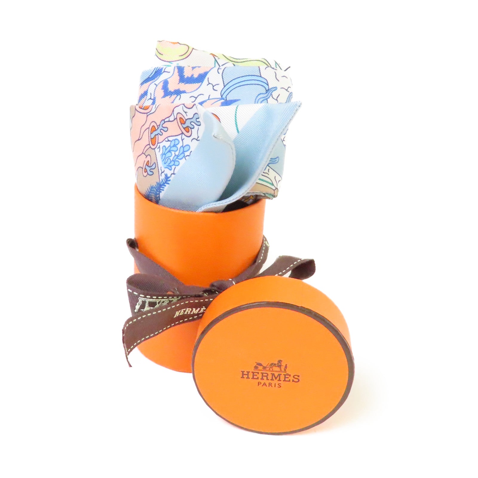 HERMES 絲質Twilly Scarf絲巾淺藍色/白色/淺黃色/彩色