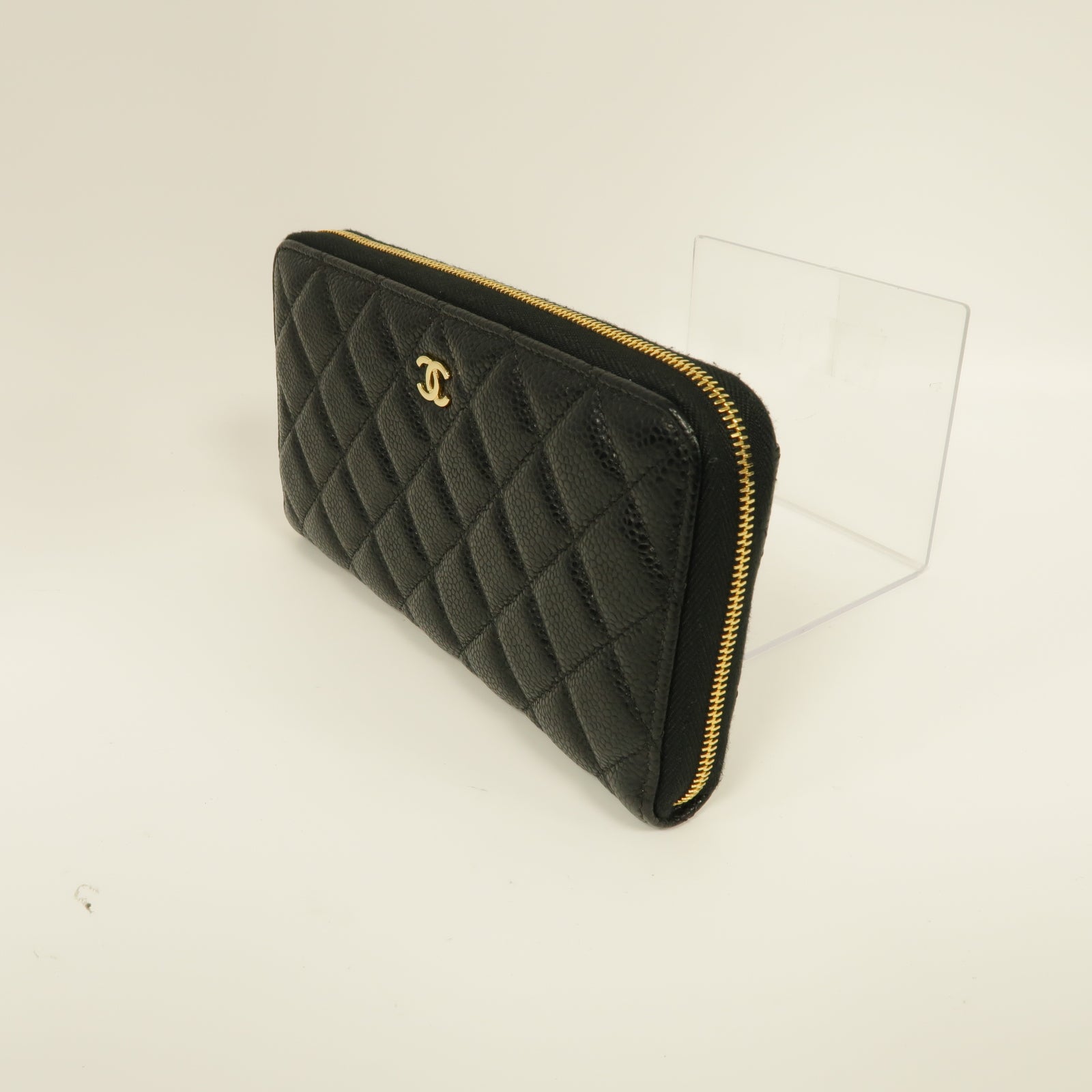 CHANEL 菱格Caviar皮革Long Zipped Wallet金扣長錢包黑色