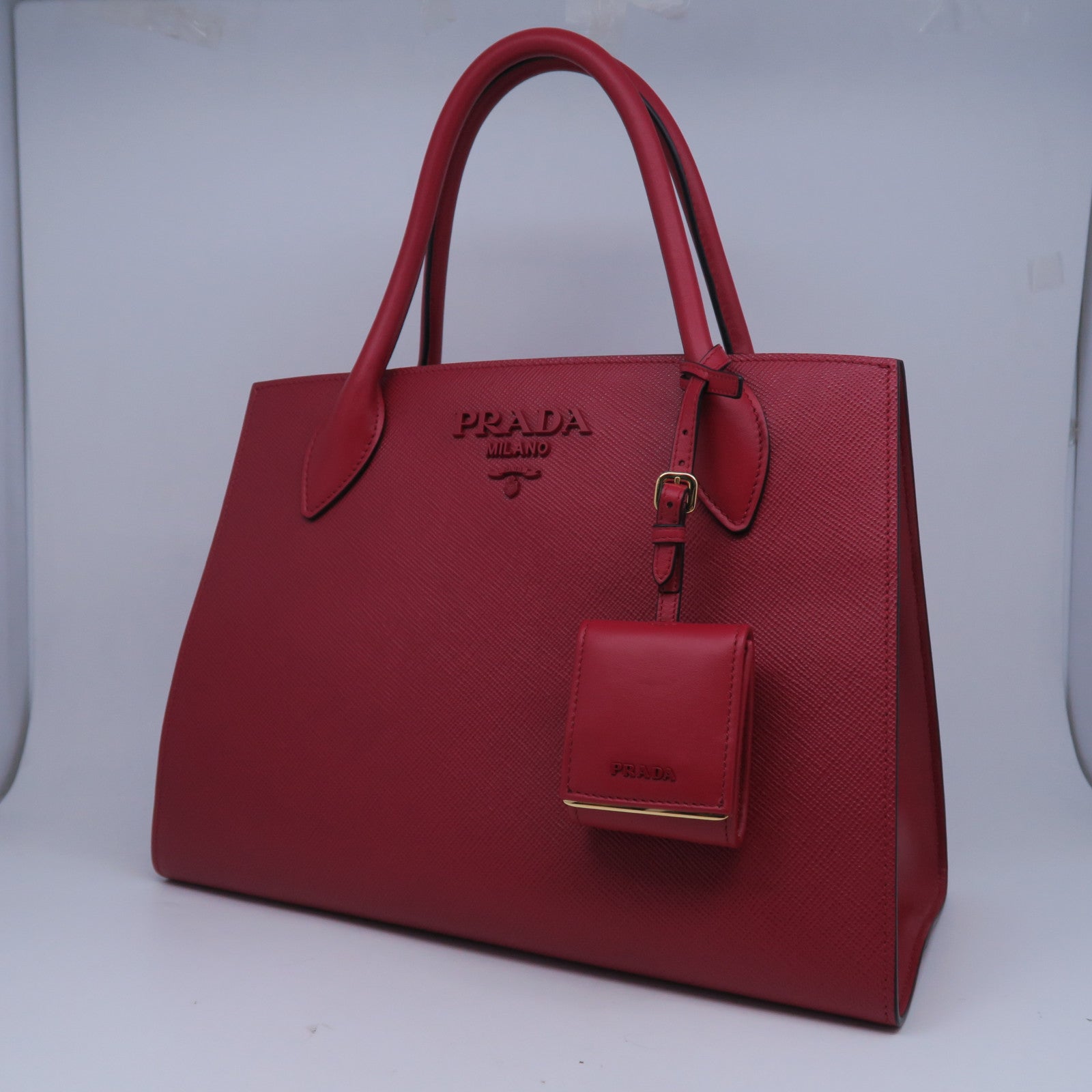 PRADA 牛皮皮革Monochome 2 Way Bag金扣手挽肩背兩用袋紅色