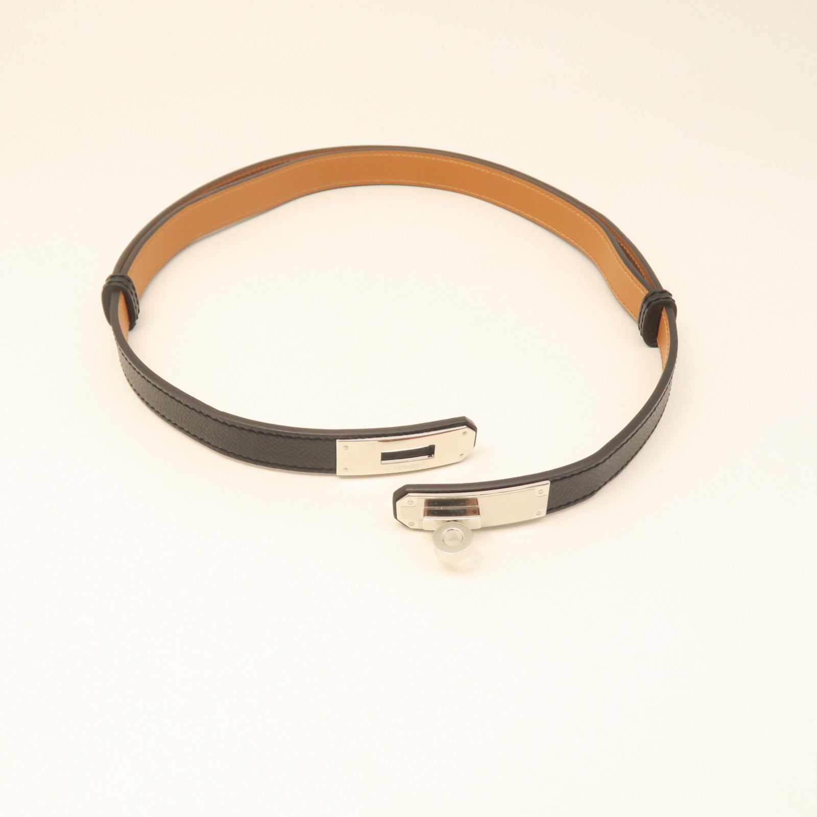 HERMES Veau Epsom Leather Kelly Belt Silver Buckle Belt Black