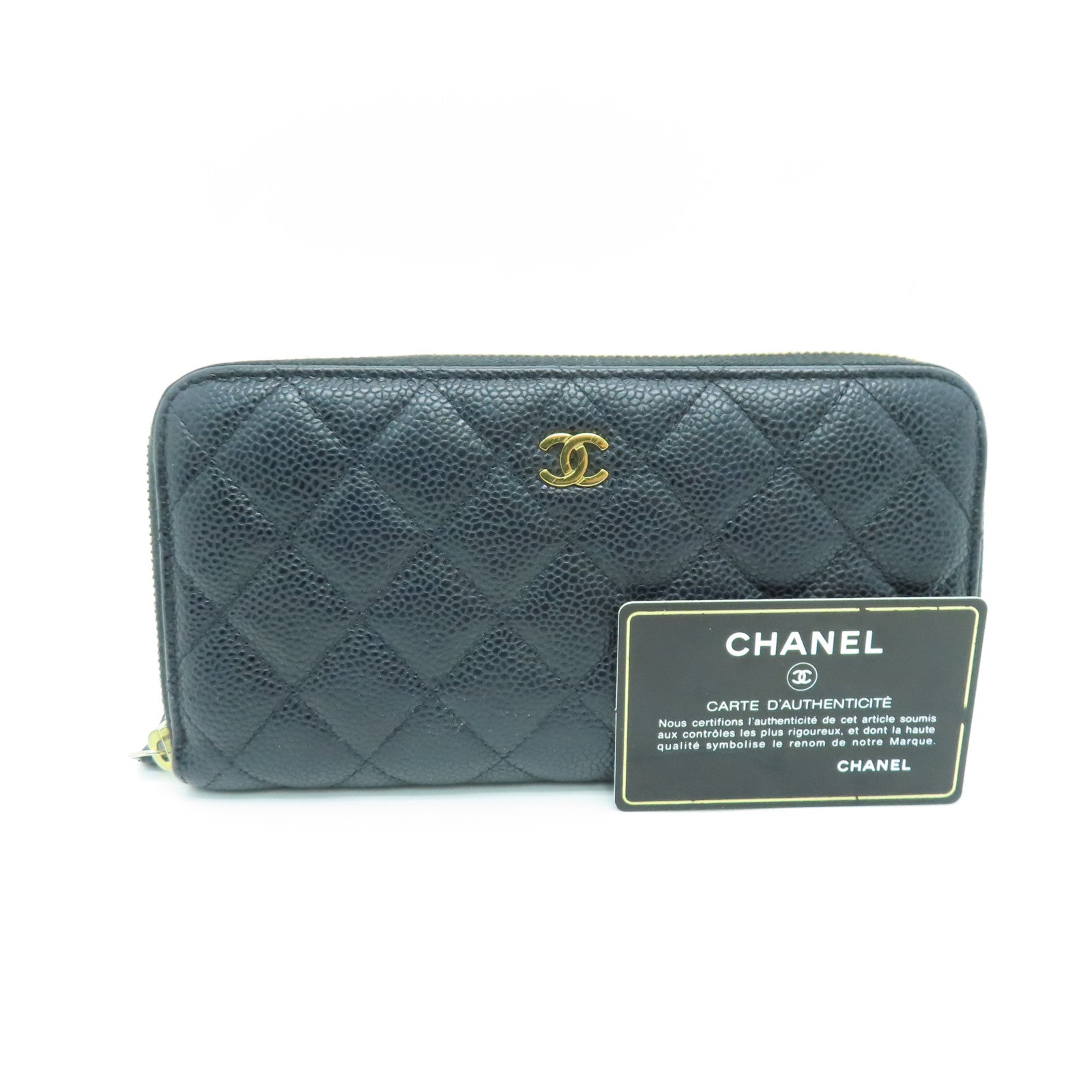CHANEL Rhombus Caviar Leather Zipper Long Wallet Gold Buckle Long Wallet Black