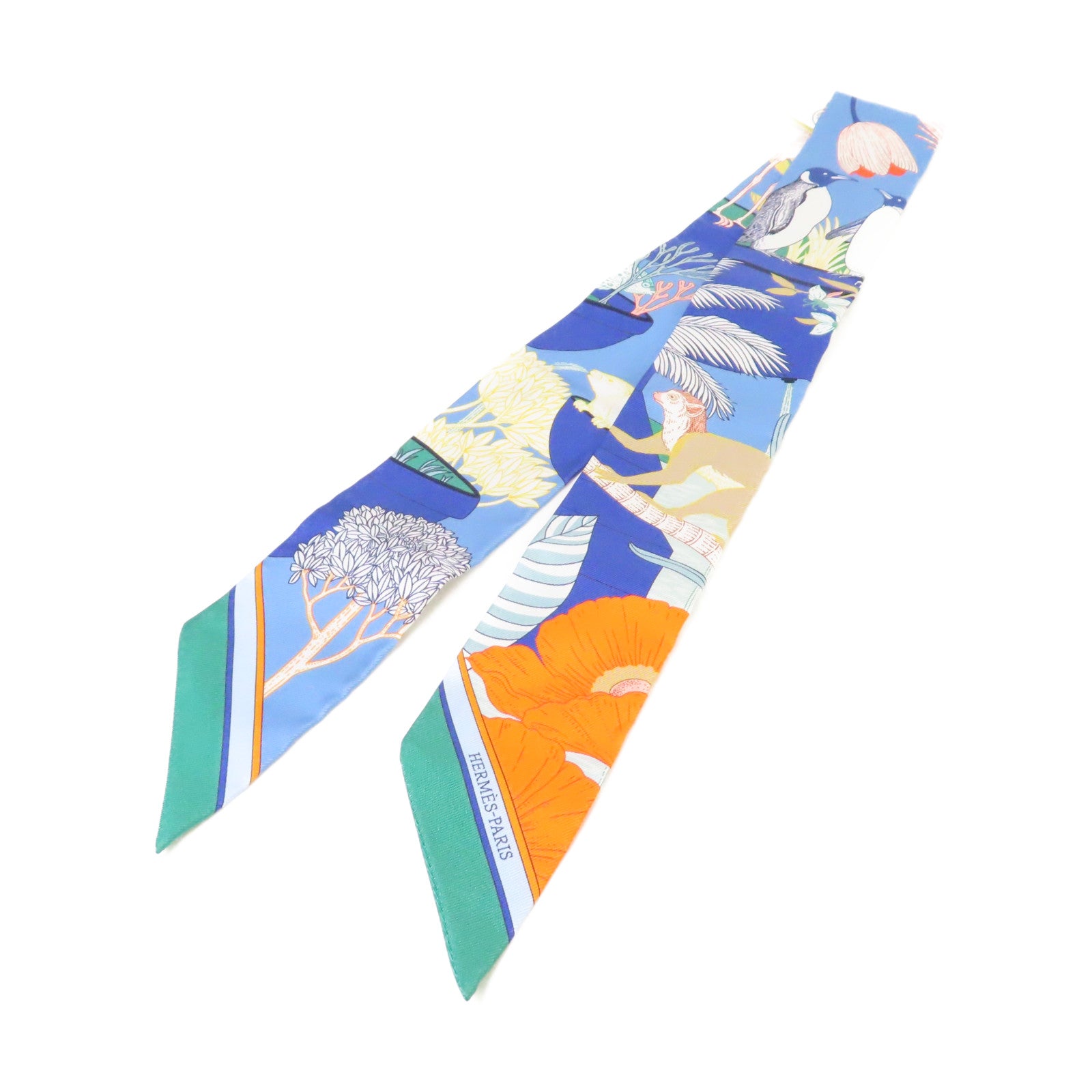 HERMES 絲質Twilly Scarf絲巾藍色/橙色/彩色