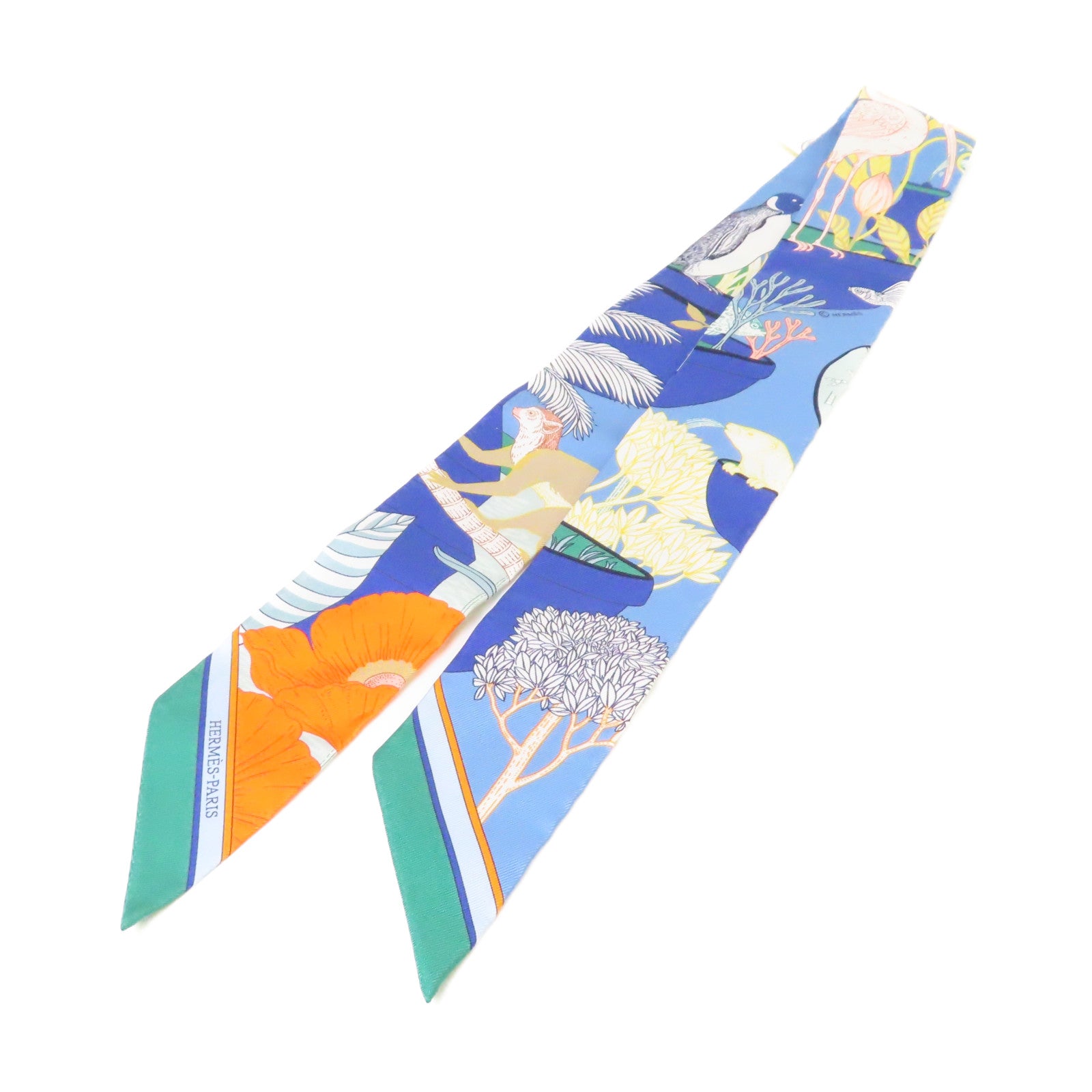 HERMES 絲質Twilly Scarf絲巾藍色/橙色/彩色