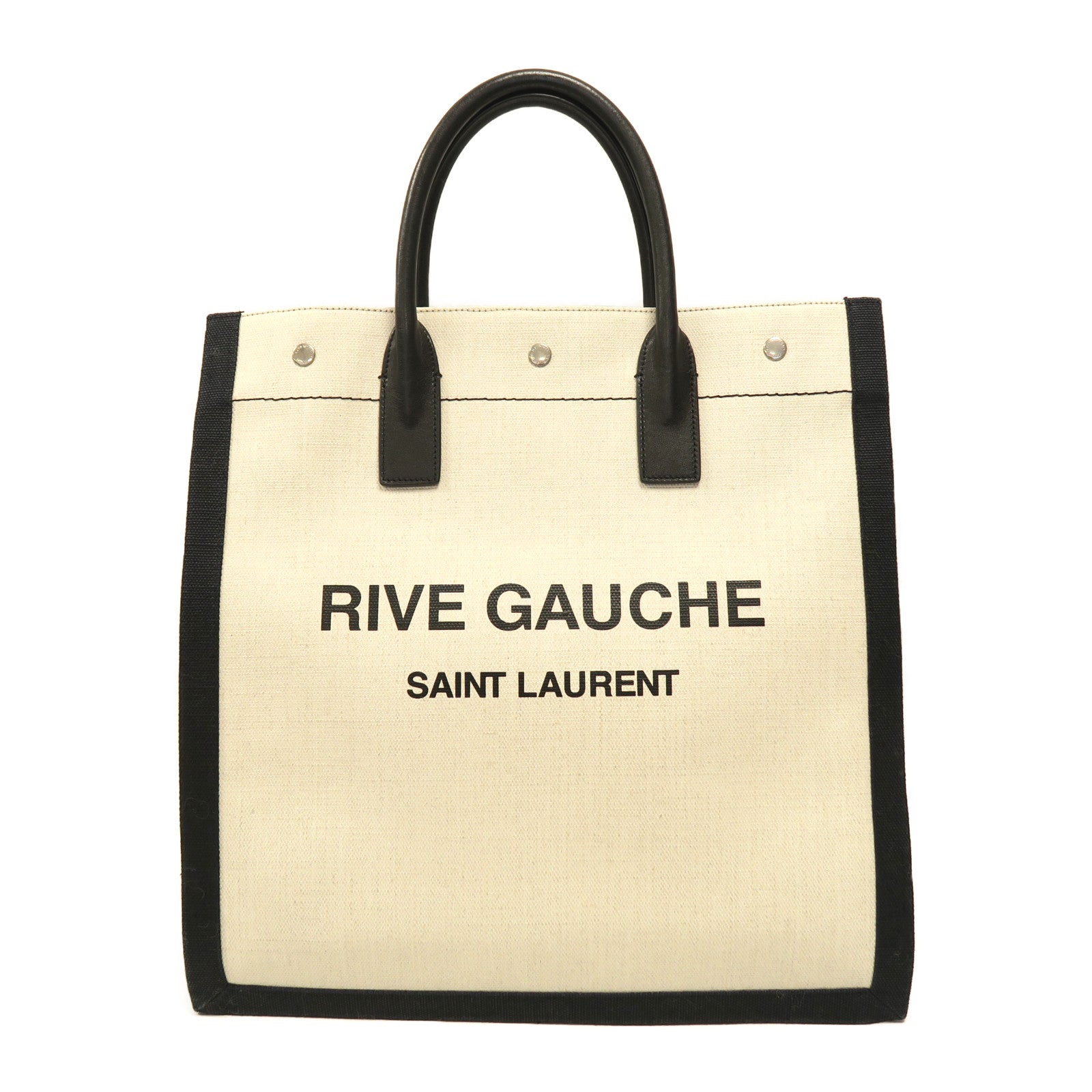 SAINT LAURENT 帆布Rive Gauche Handbag銀扣手挽袋米色/黑色
