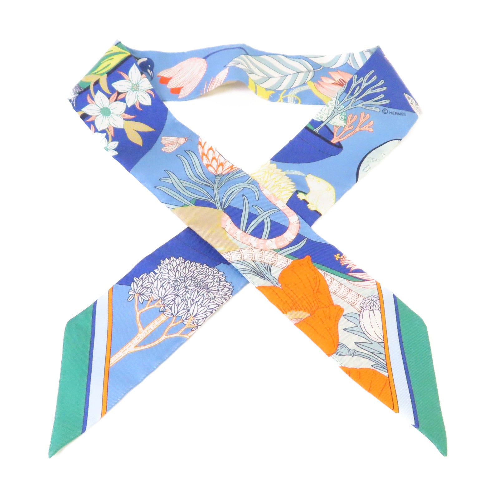 HERMES 絲質Twilly Scarf絲巾藍色/橙色/彩色