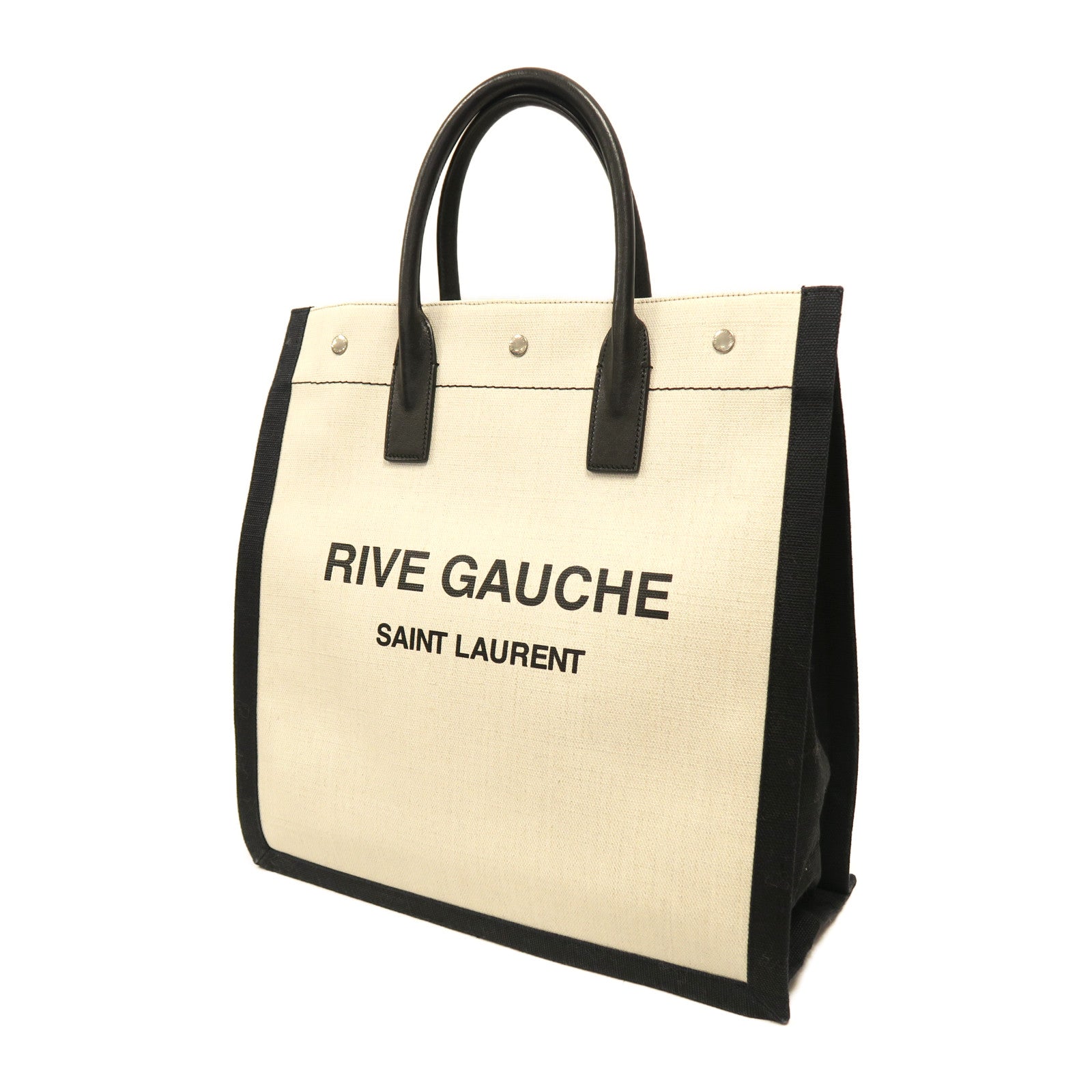 SAINT LAURENT 帆布Rive Gauche Handbag銀扣手挽袋米色/黑色