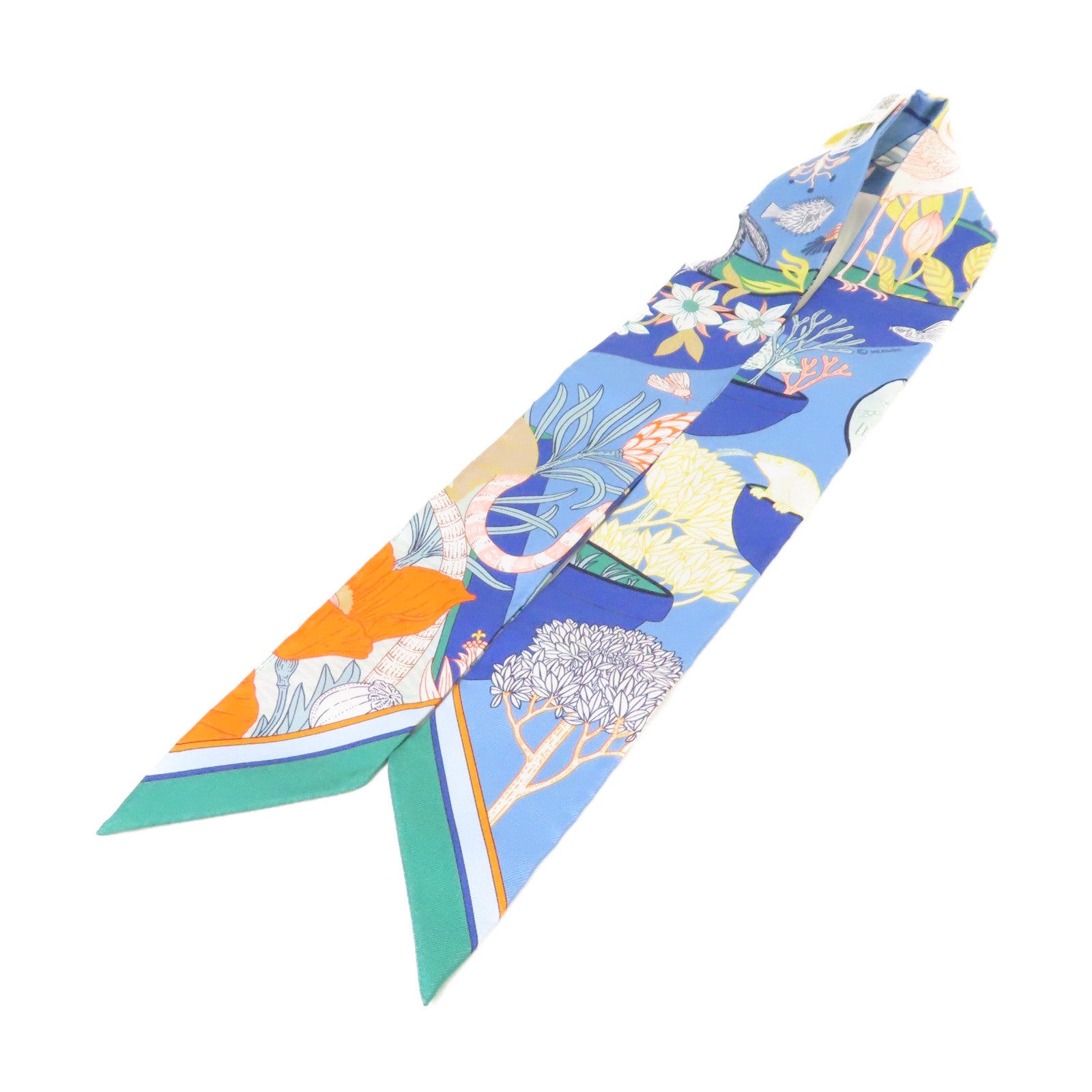 HERMES 絲質Twilly Scarf絲巾藍色/橙色/彩色