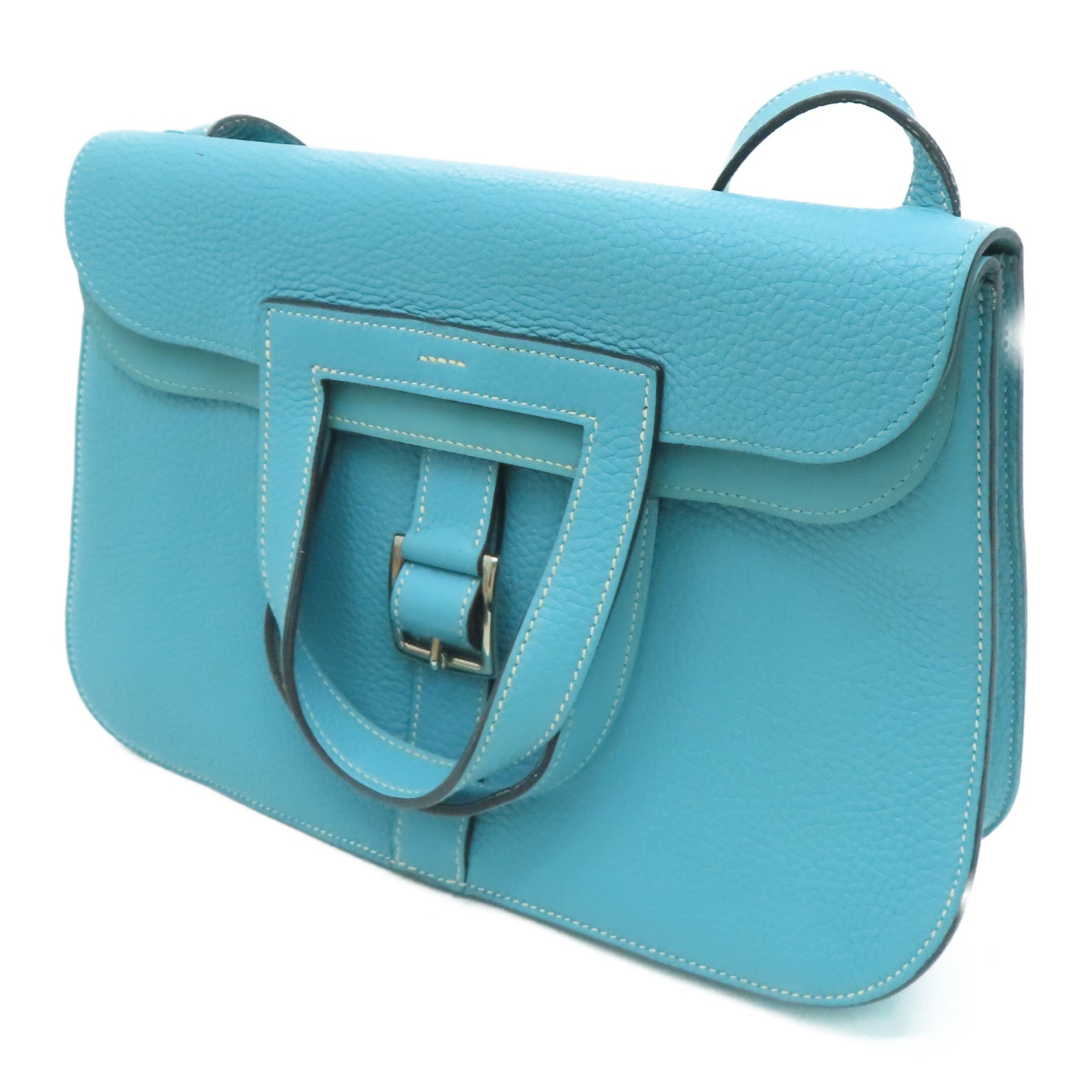 HERMES [Sharp Discount] Clemence Leather Halzan 31 Silver Buckle Handle Shoulder Back Dual-purpose Bag Blue Atoll/Blue
