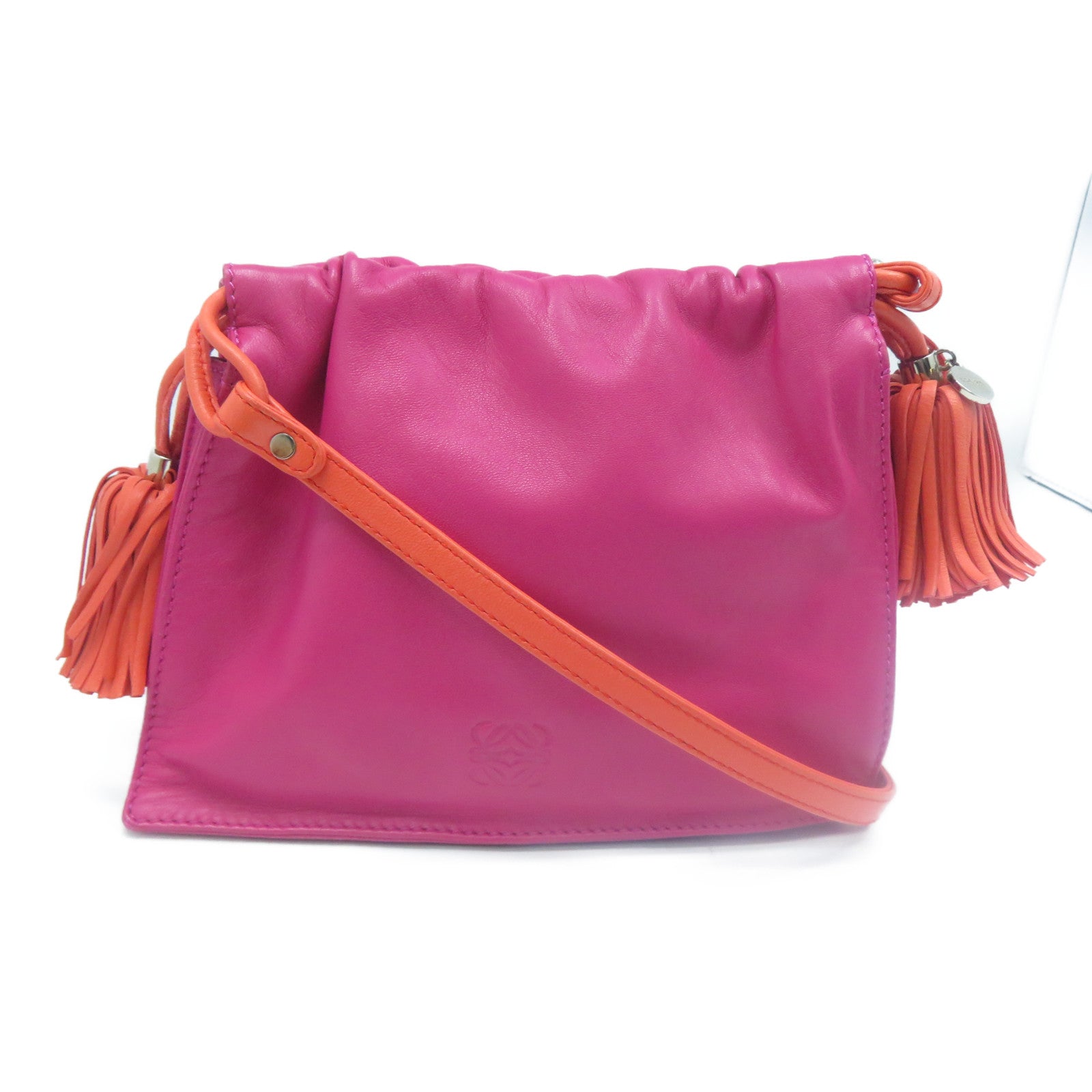 LOEWE 羊皮皮革Shoulder Bag銀扣肩背袋粉紅色/橙色