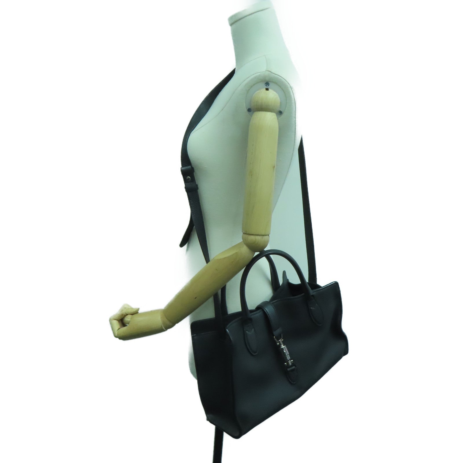 GUCCI cowhide leather 2 Way Shoulder silver buckle handle shoulder bag black