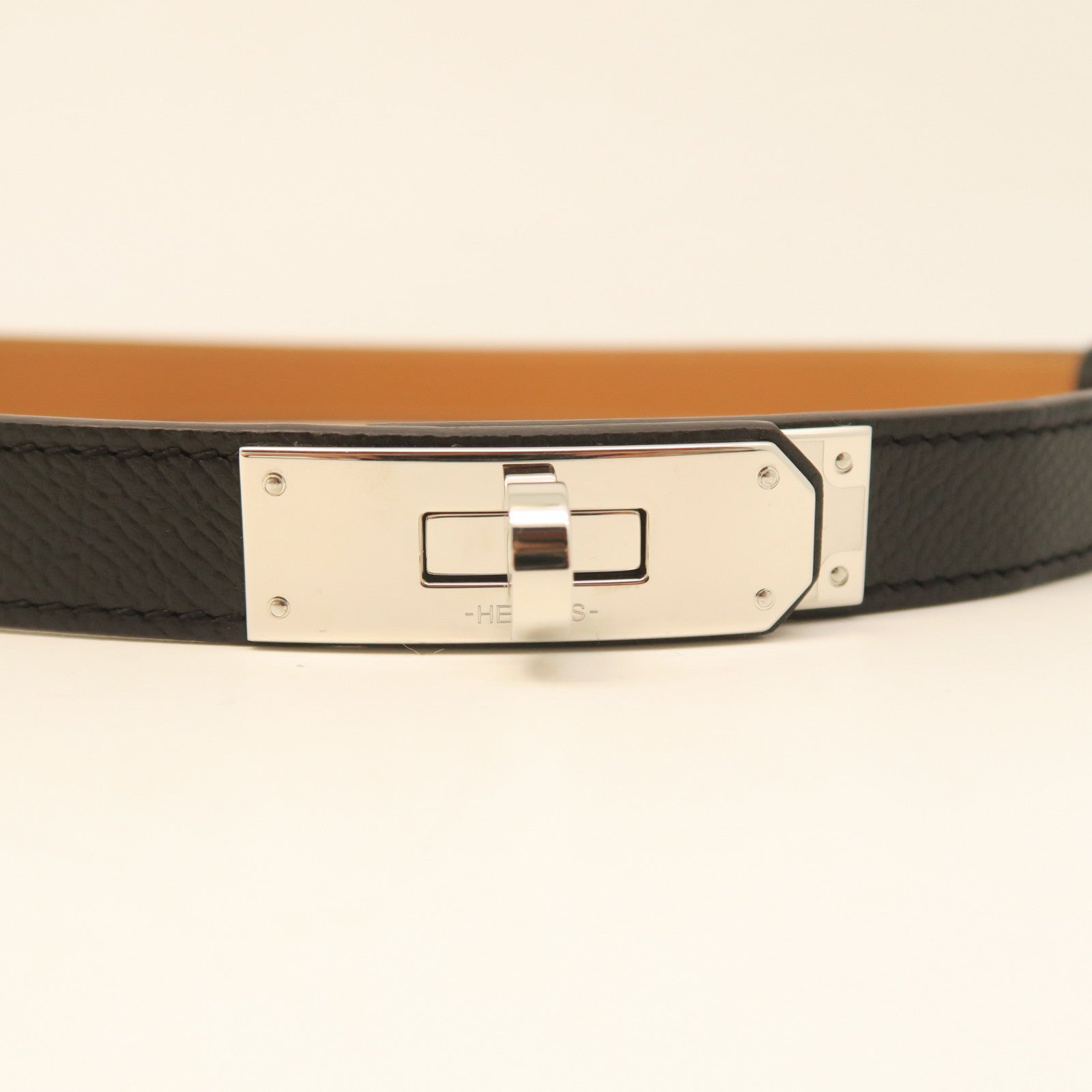 HERMES Veau Epsom Leather Kelly Belt Silver Buckle Belt Black