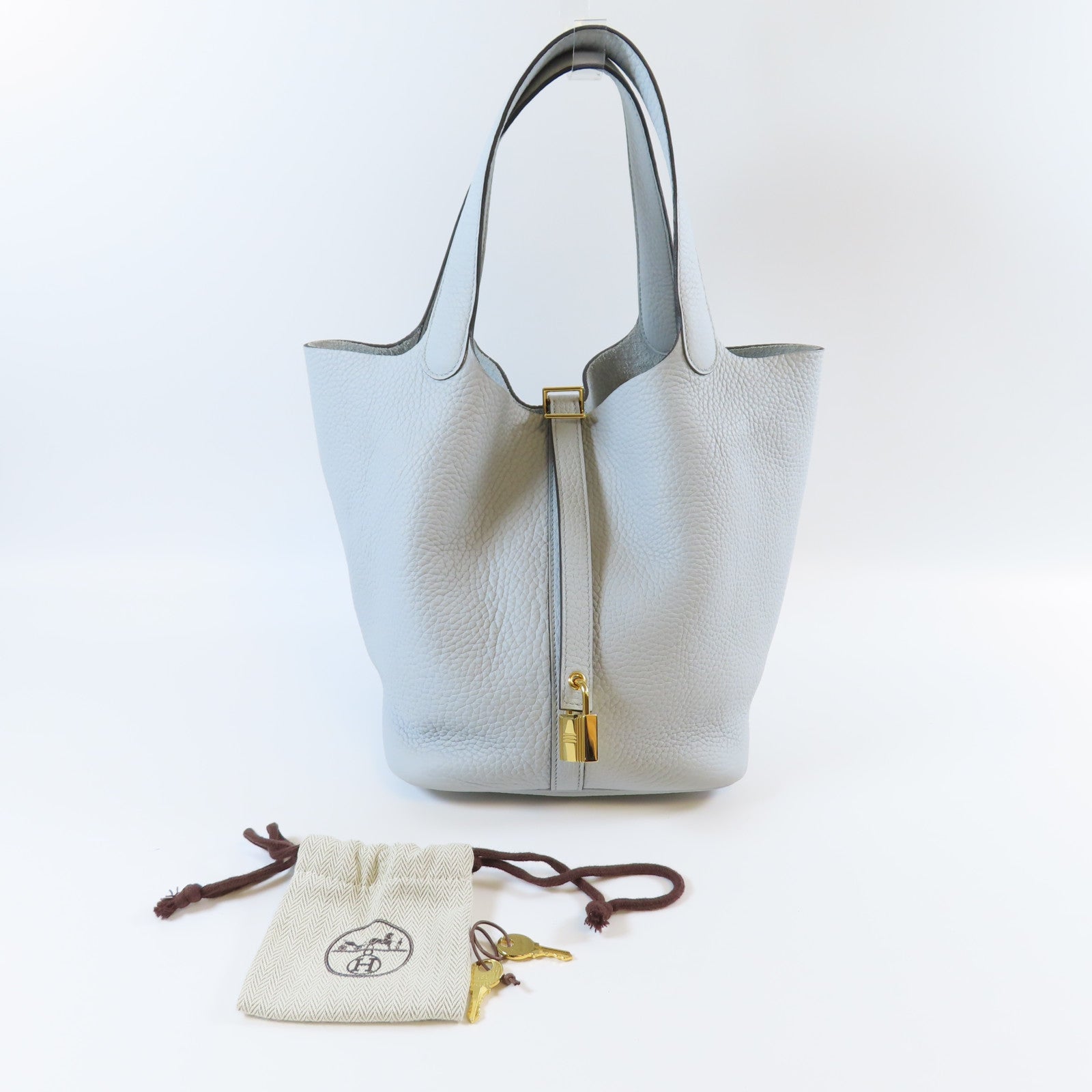 HERMES Clemence皮革Picotin MM金扣手挽袋Bleu Brume霧霾藍色