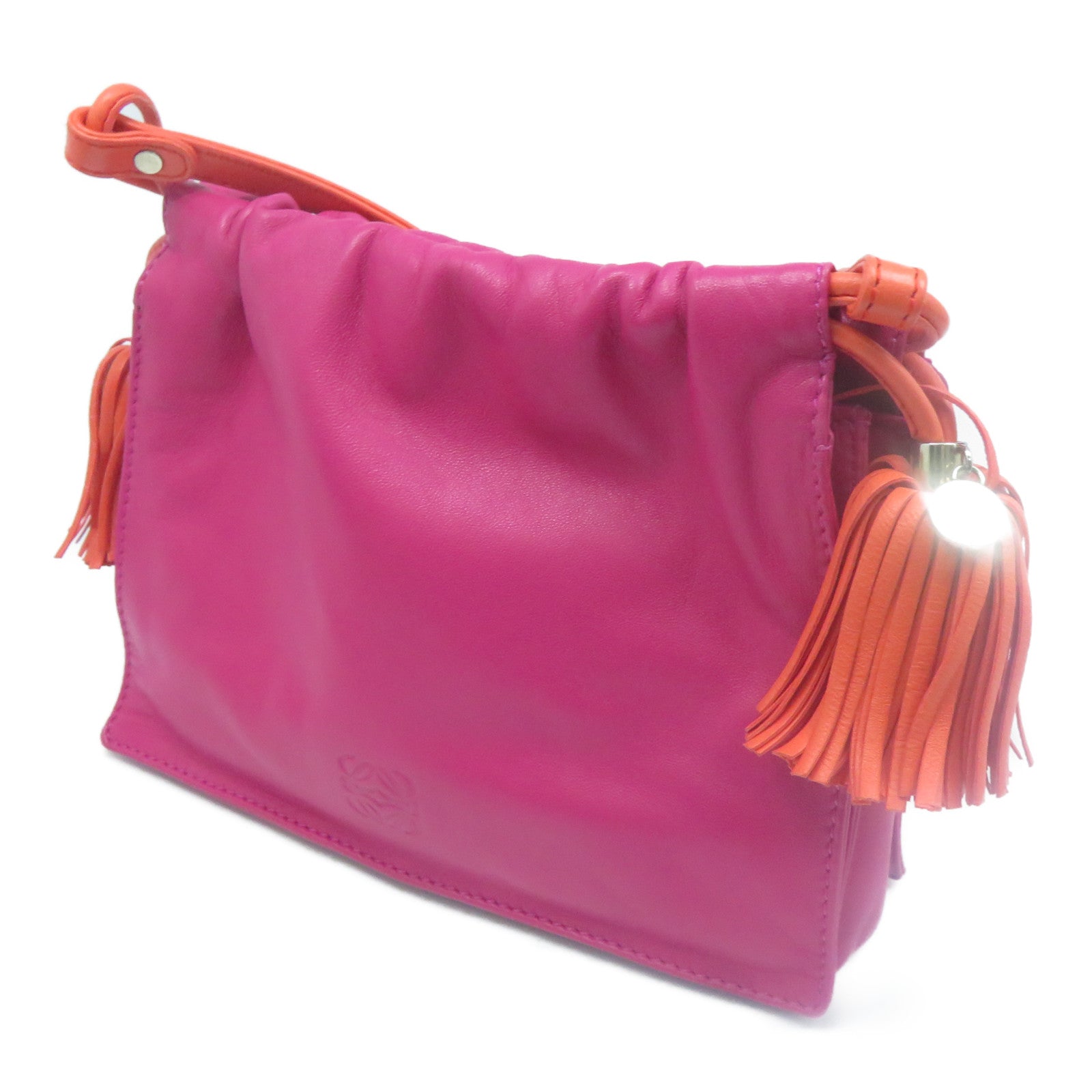 LOEWE 羊皮皮革Shoulder Bag銀扣肩背袋粉紅色/橙色