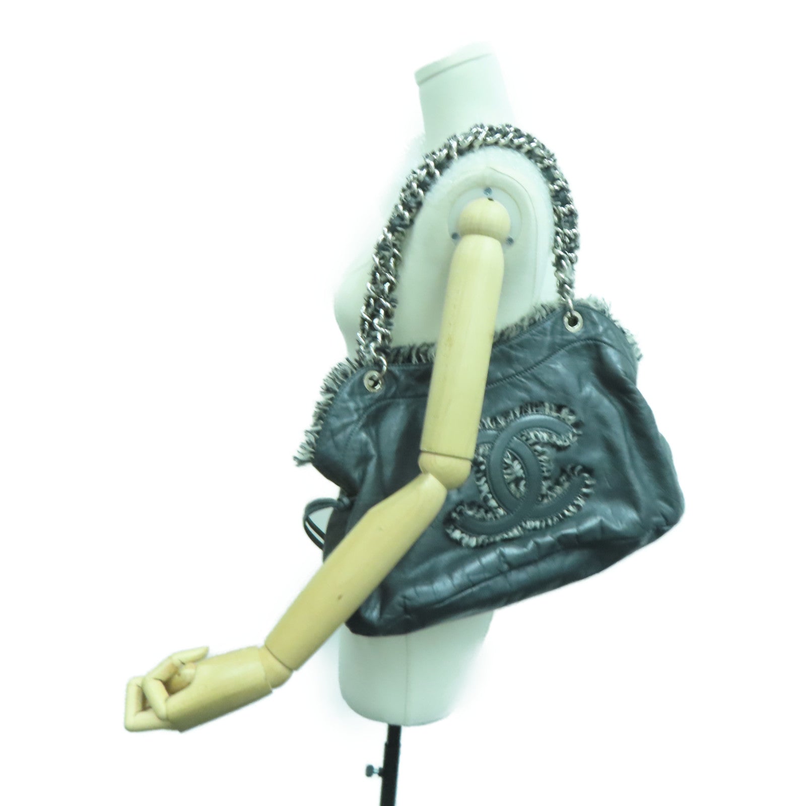 CHANEL [sharp discount] cowhide leather / Tweed Shoulder Bag silver buckle shoulder bag gray