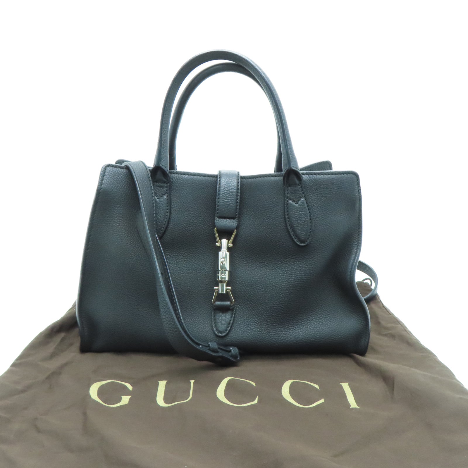 GUCCI cowhide leather 2 Way Shoulder silver buckle handle shoulder bag black