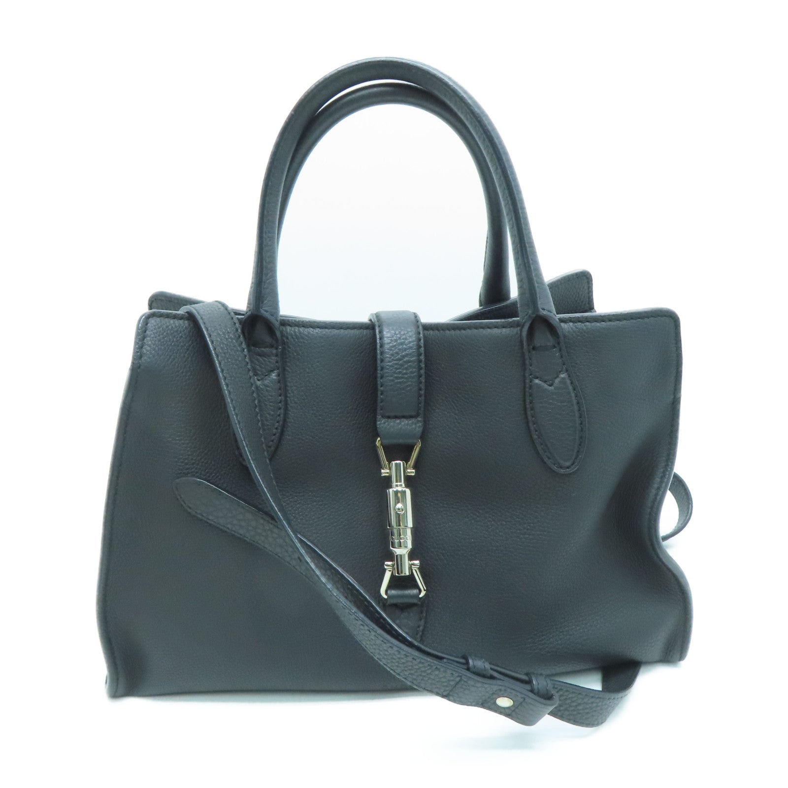 GUCCI cowhide leather 2 Way Shoulder silver buckle handle shoulder bag black