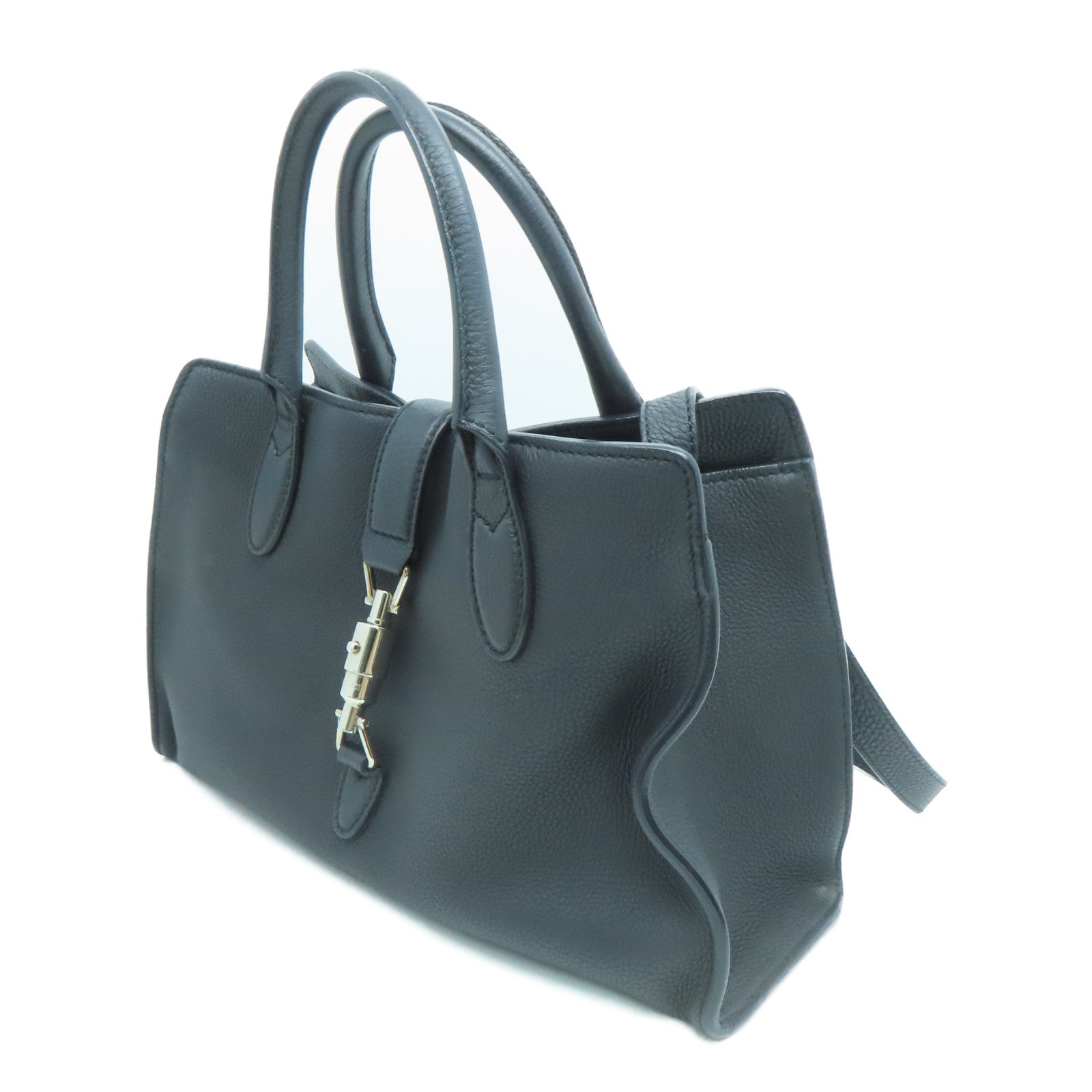 GUCCI cowhide leather 2 Way Shoulder silver buckle handle shoulder bag black