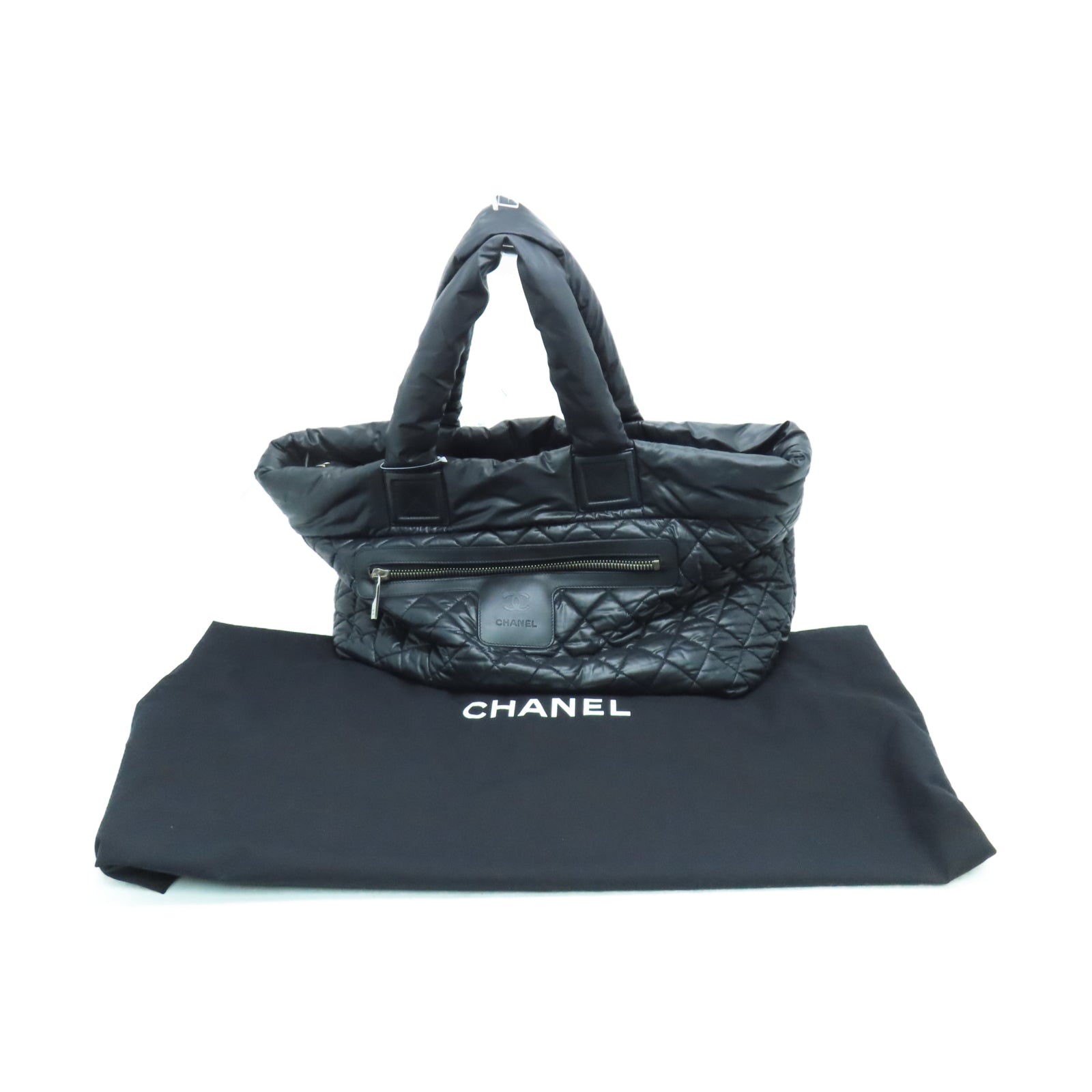 CHANEL 菱格尼龙Shoulder Tote银扣肩背袋黑色