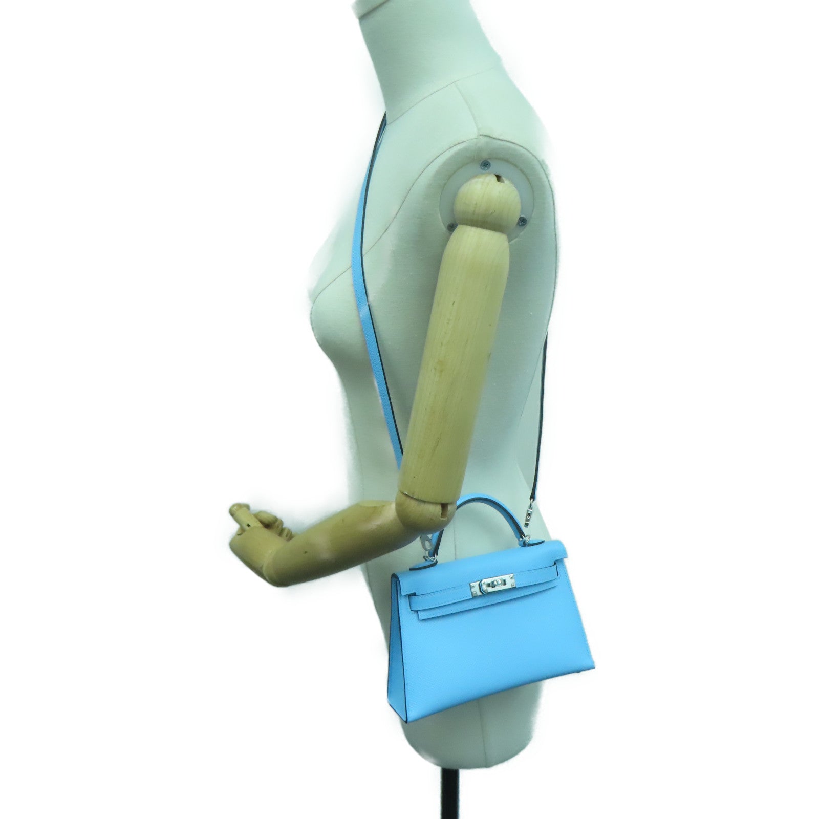 HERMES Epsom Leather Mini Kelly Silver Buckle Handle Shoulder Bag Bleu Azteque Water Blue